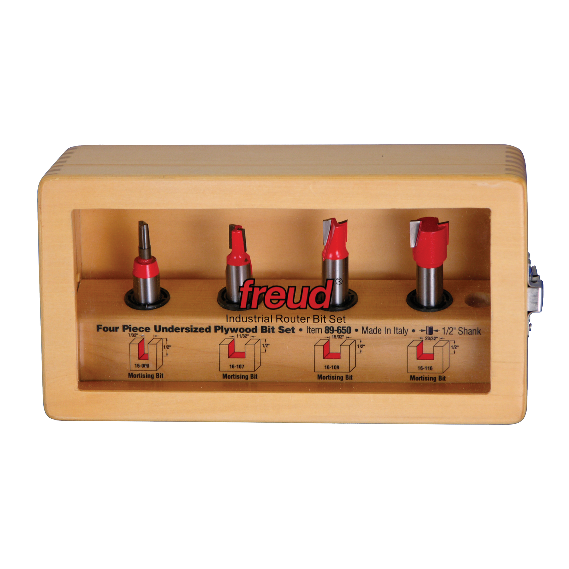 Four router bits with red cutting heads and 1/2" shanks displayed in wooden case with black bases.