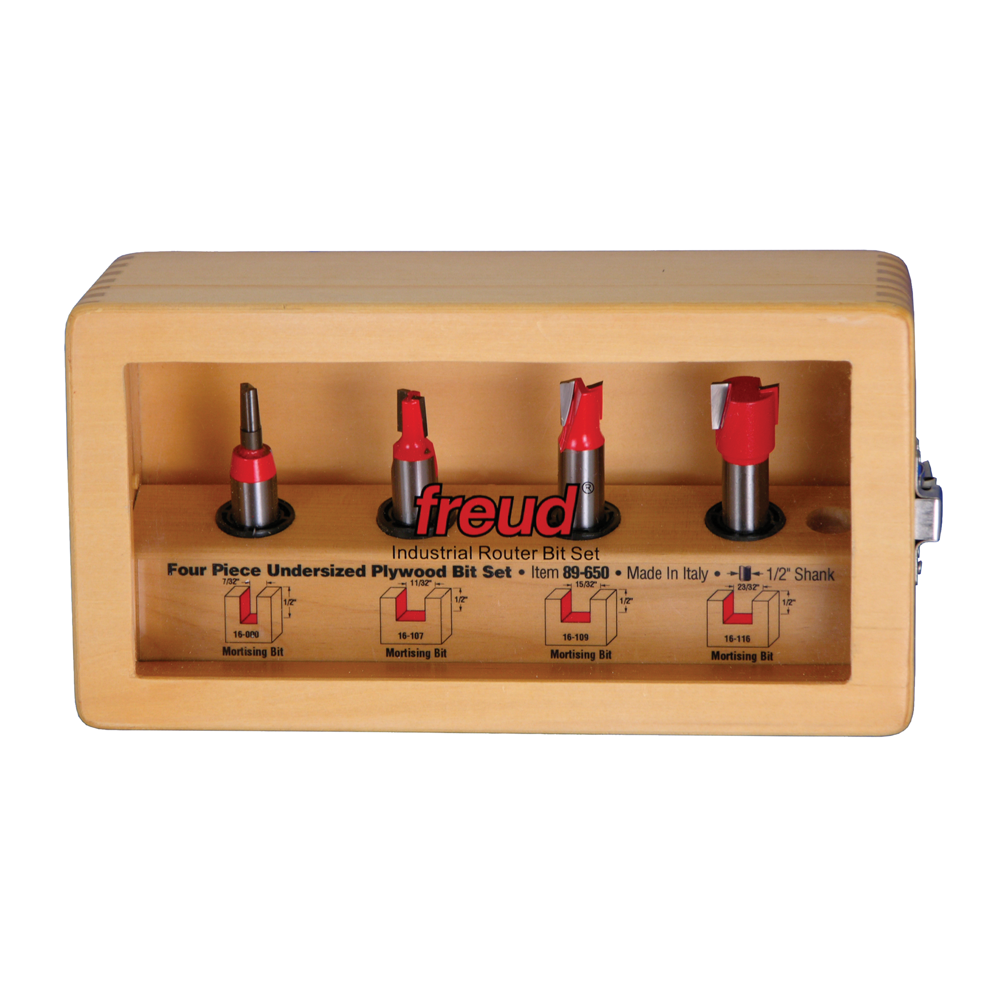 Four router bits with red cutting heads and 1/2" shanks displayed in wooden case with black bases.