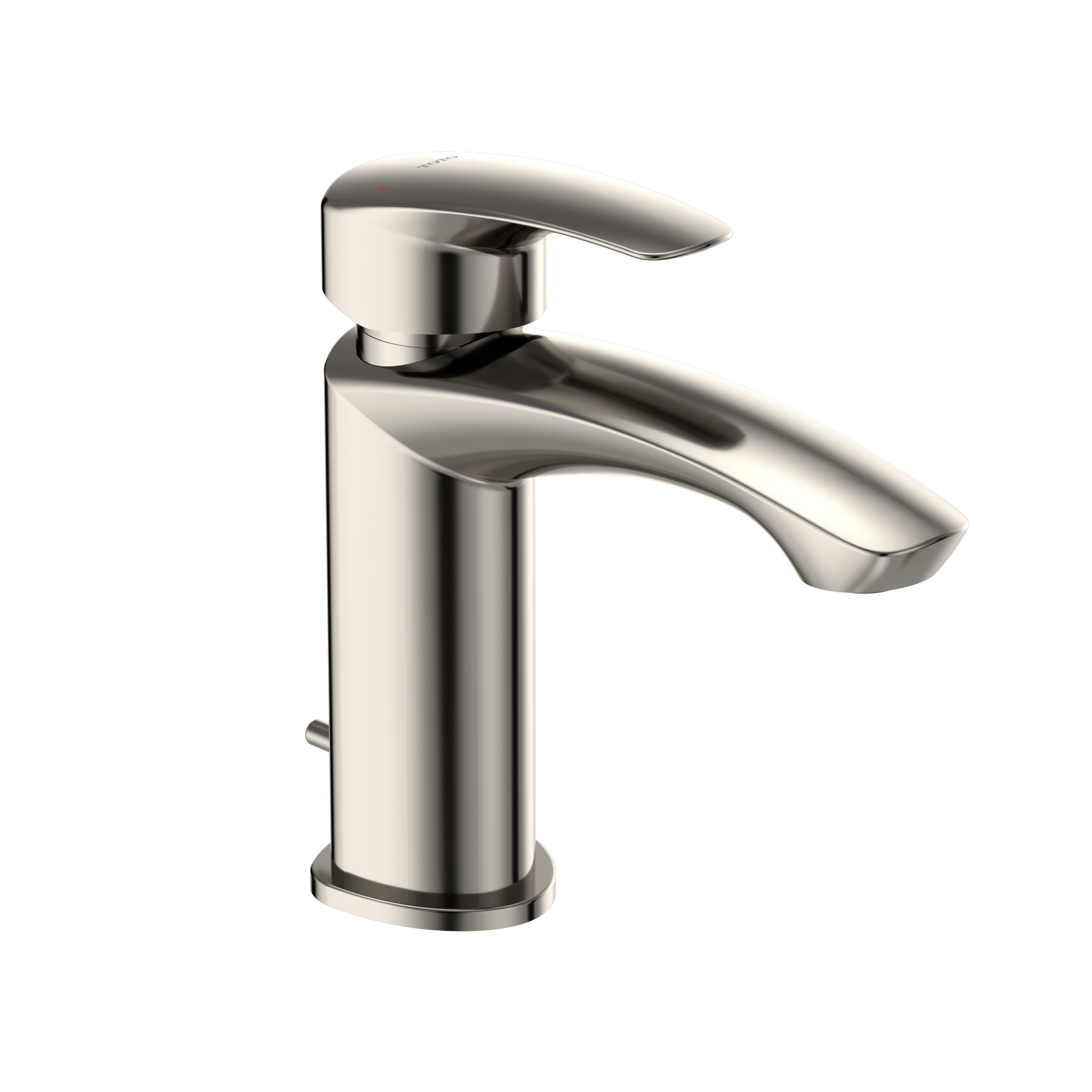 Polished nickel single-handle bathroom sink faucet with curved spout and cylindrical body.