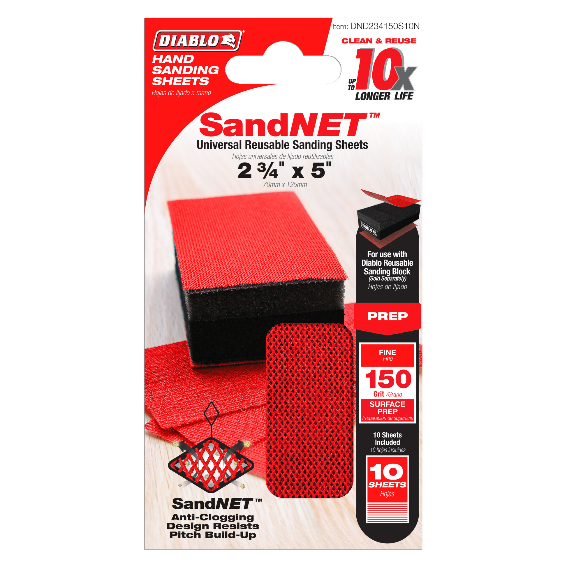 Red and black Diablo SandNET reusable sanding sheets, 2-3/4 by 5 inches, 150-grit, 10-piece pack with sanding block attachmen