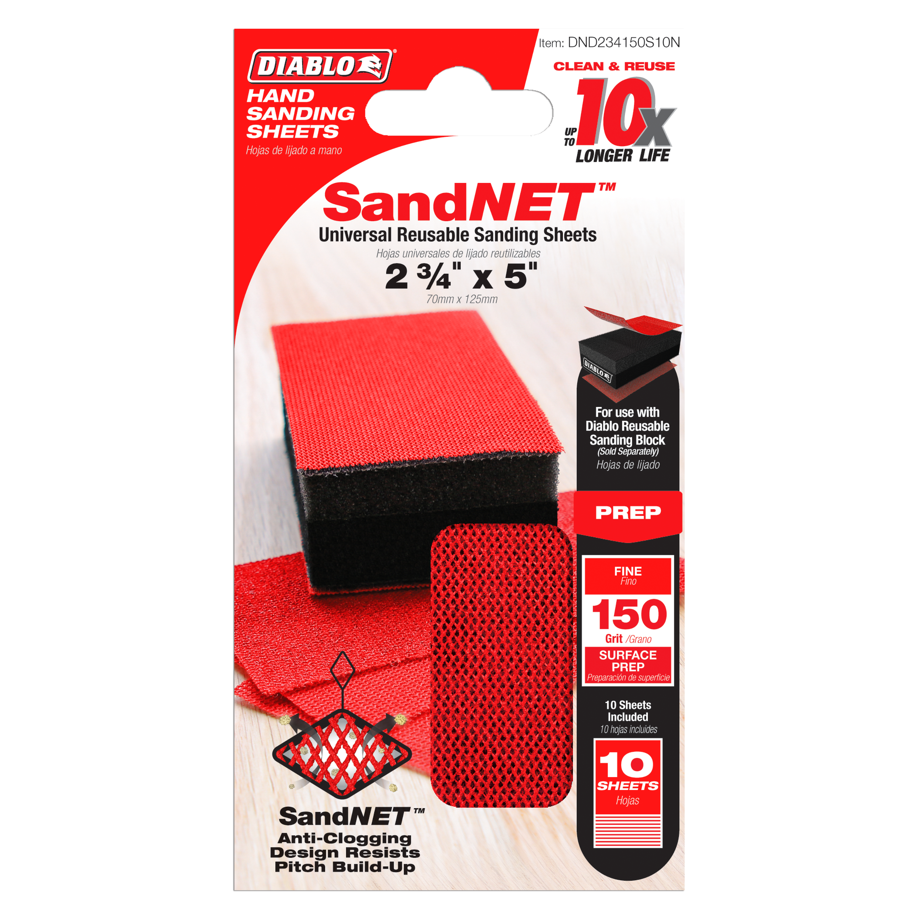 Red and black Diablo SandNET reusable sanding sheets, 2-3/4 by 5 inches, 150-grit, 10-piece pack with sanding block attachmen