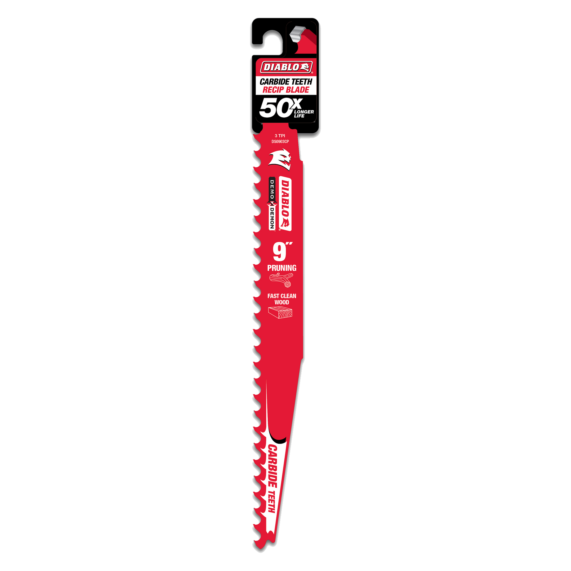 Red Diablo 9-inch pruning saw blade with carbide teeth and packaging header at top.