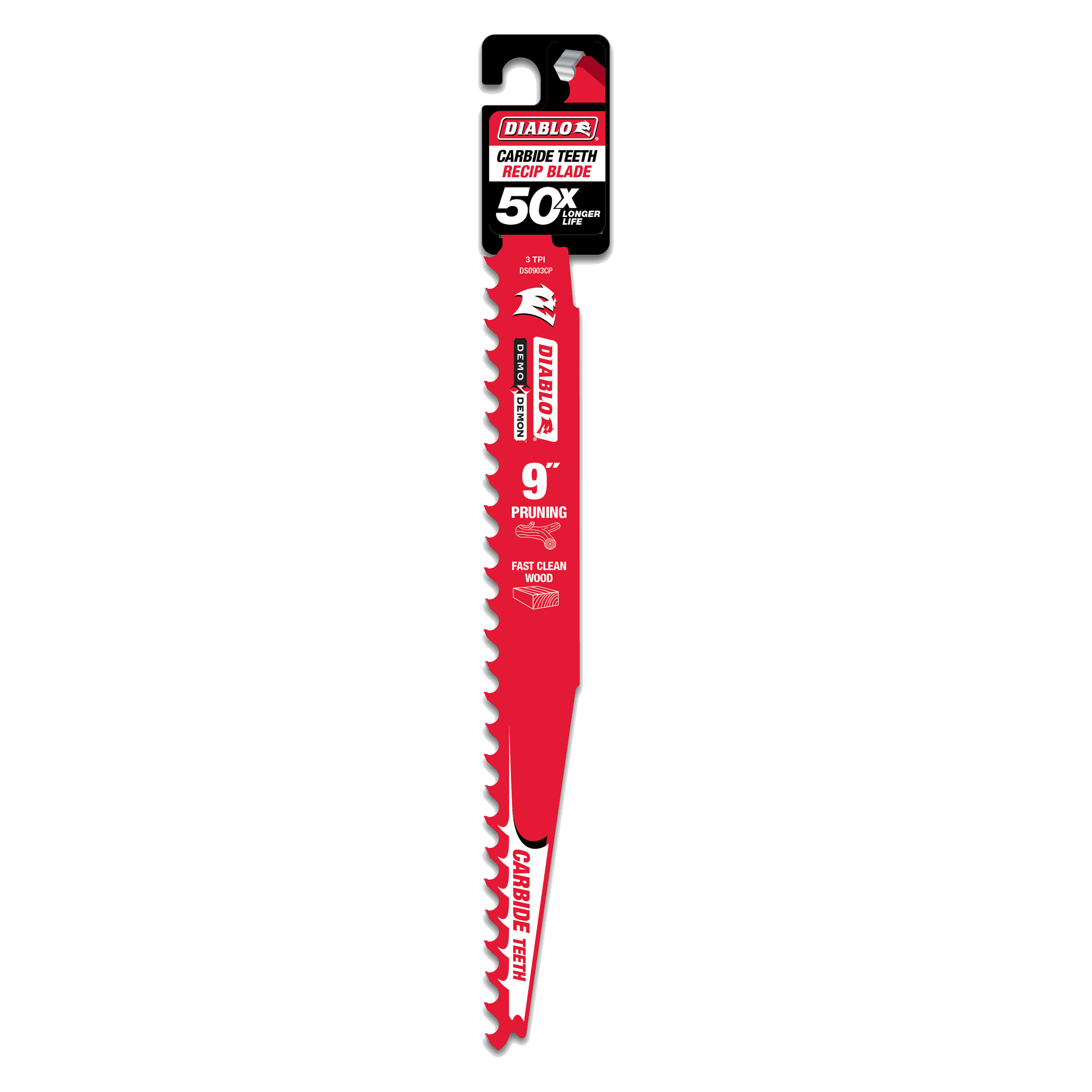 Red Diablo 9-inch pruning saw blade with carbide teeth and packaging header at top.
