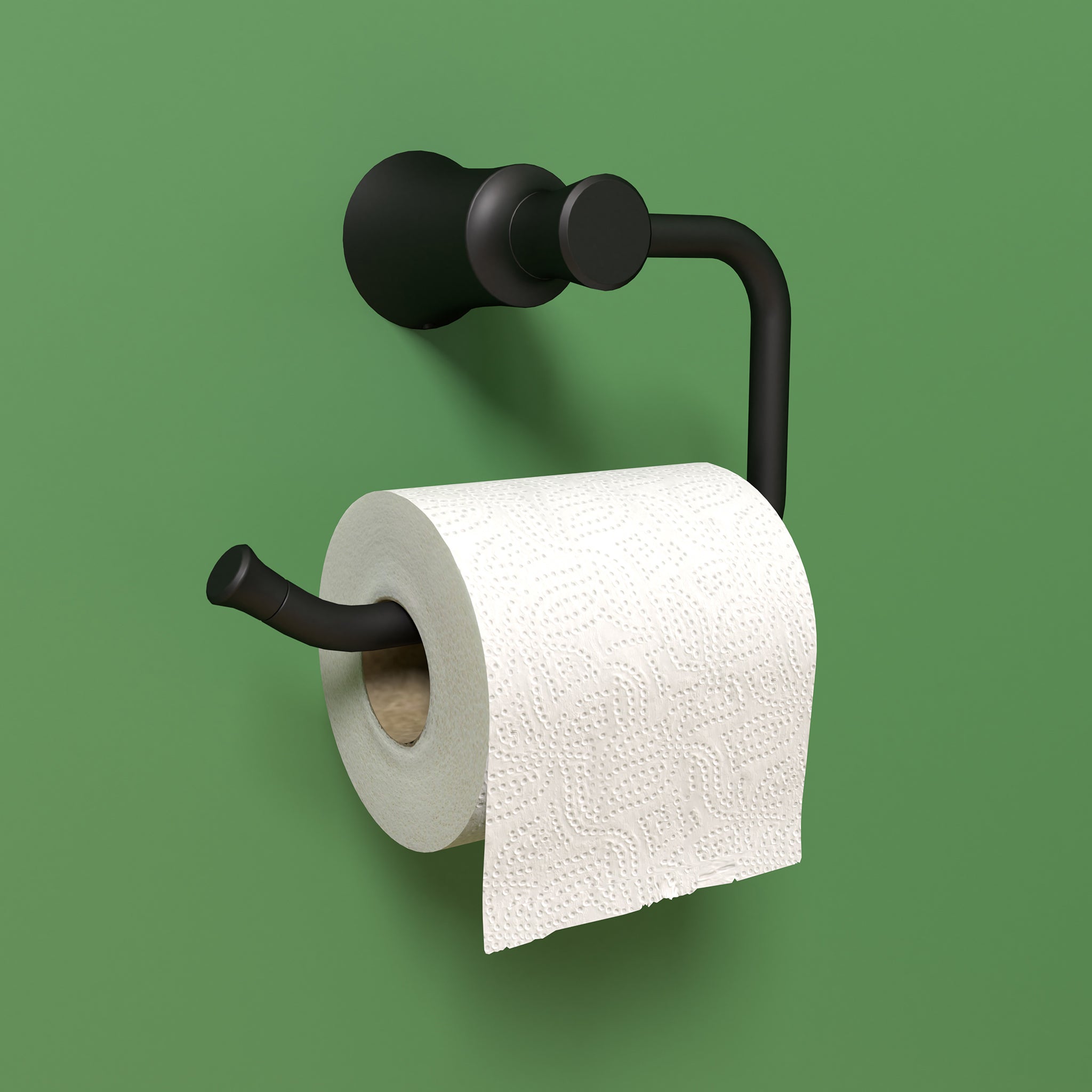 Matte black toilet paper holder with curved pipe design and spherical wall mount, holding white toilet paper roll.