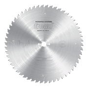 Circular saw blade with carbide-tipped teeth, center bore, and Freud branding on brushed metal surface.