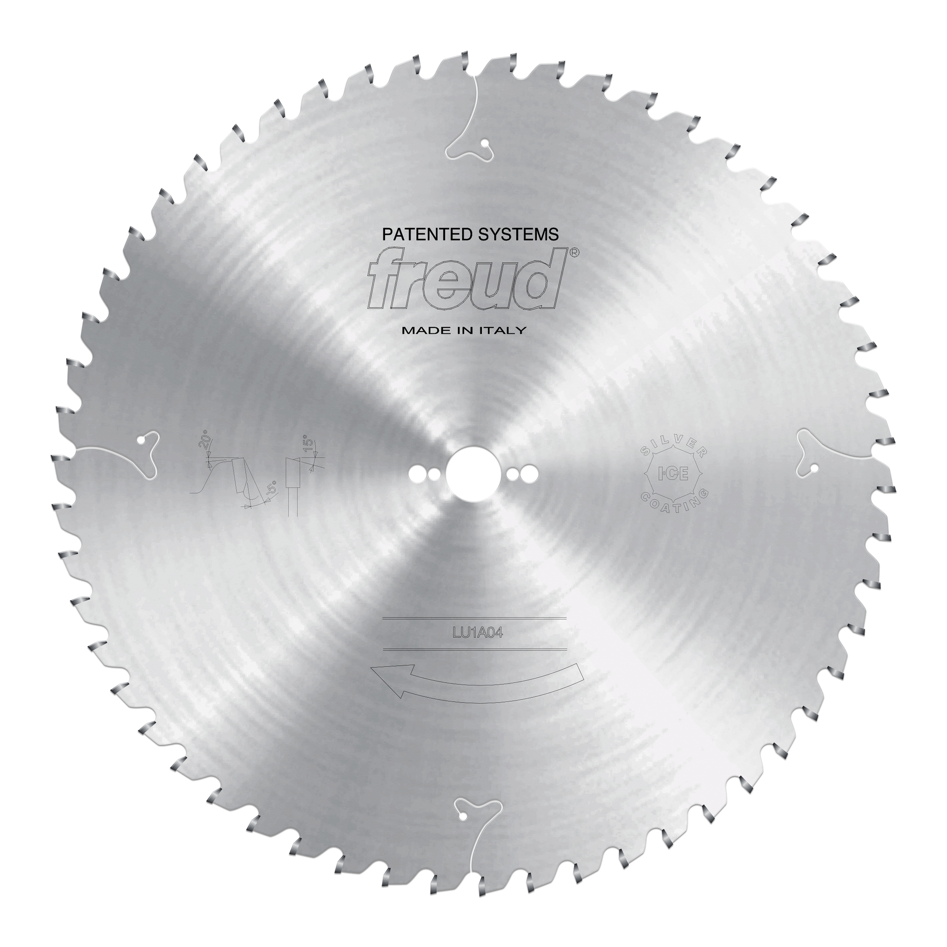 Circular saw blade with carbide-tipped teeth, center bore, and Freud branding on brushed metal surface.