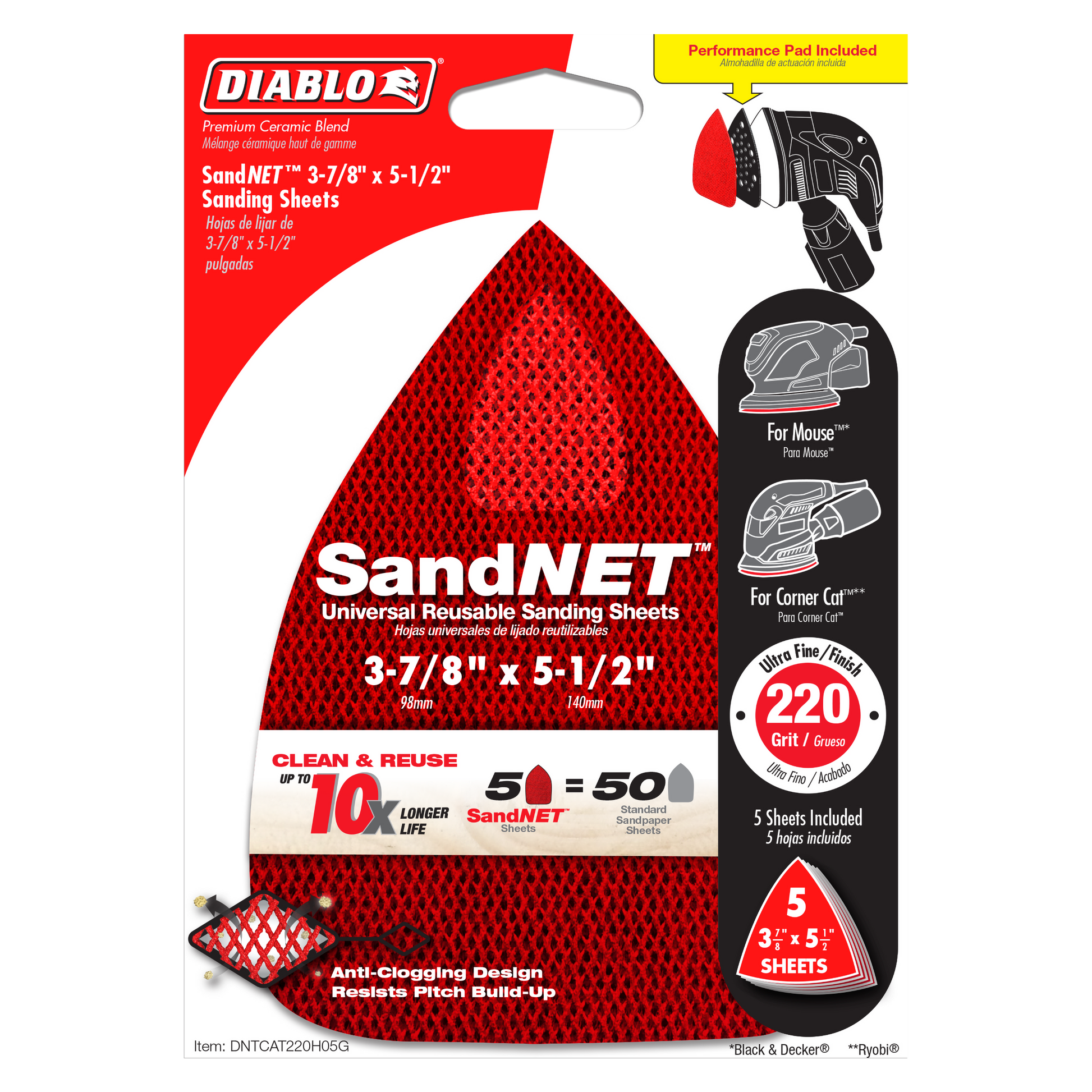 Red 220-grit triangular sanding sheets with mesh surface and anti-clogging design, shown with performance pad and packaging i