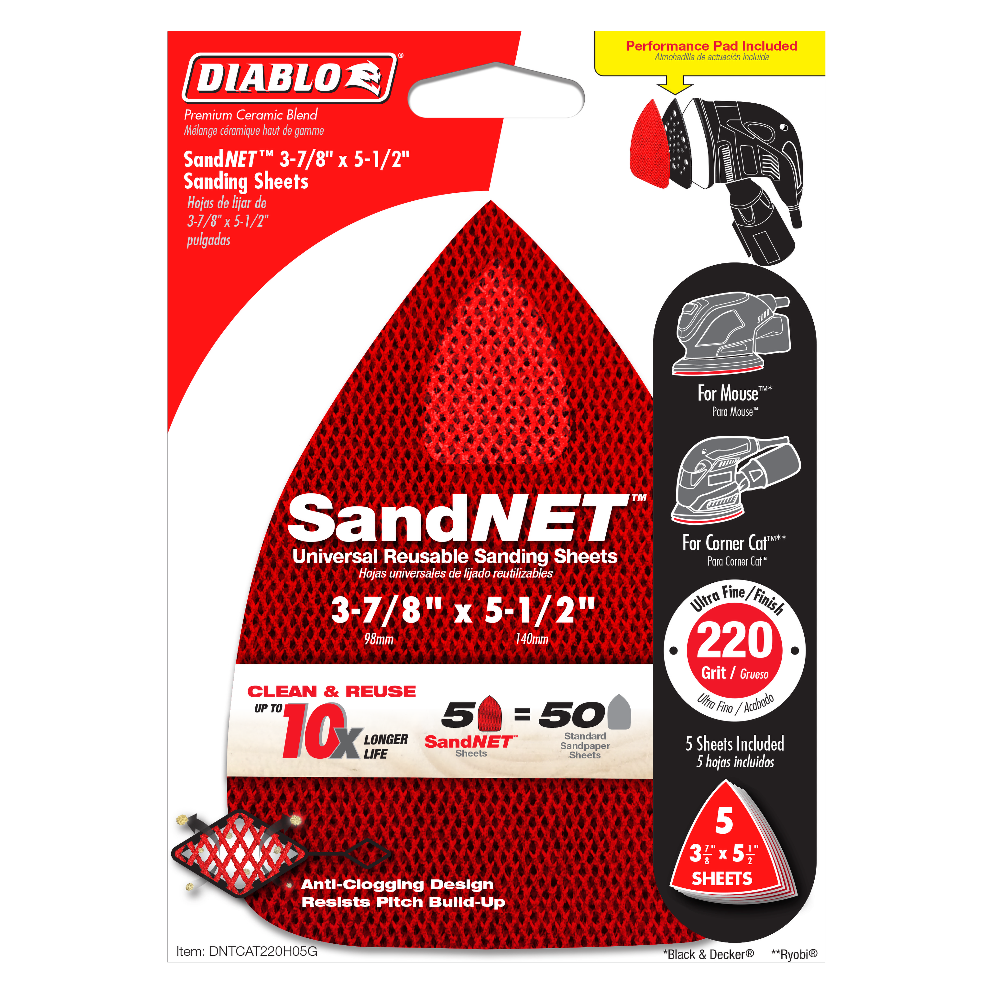 Red 220-grit triangular sanding sheets with mesh surface and anti-clogging design, shown with performance pad and packaging i