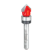 V-groove router bit with red cutting head and silver metal shaft on white background.