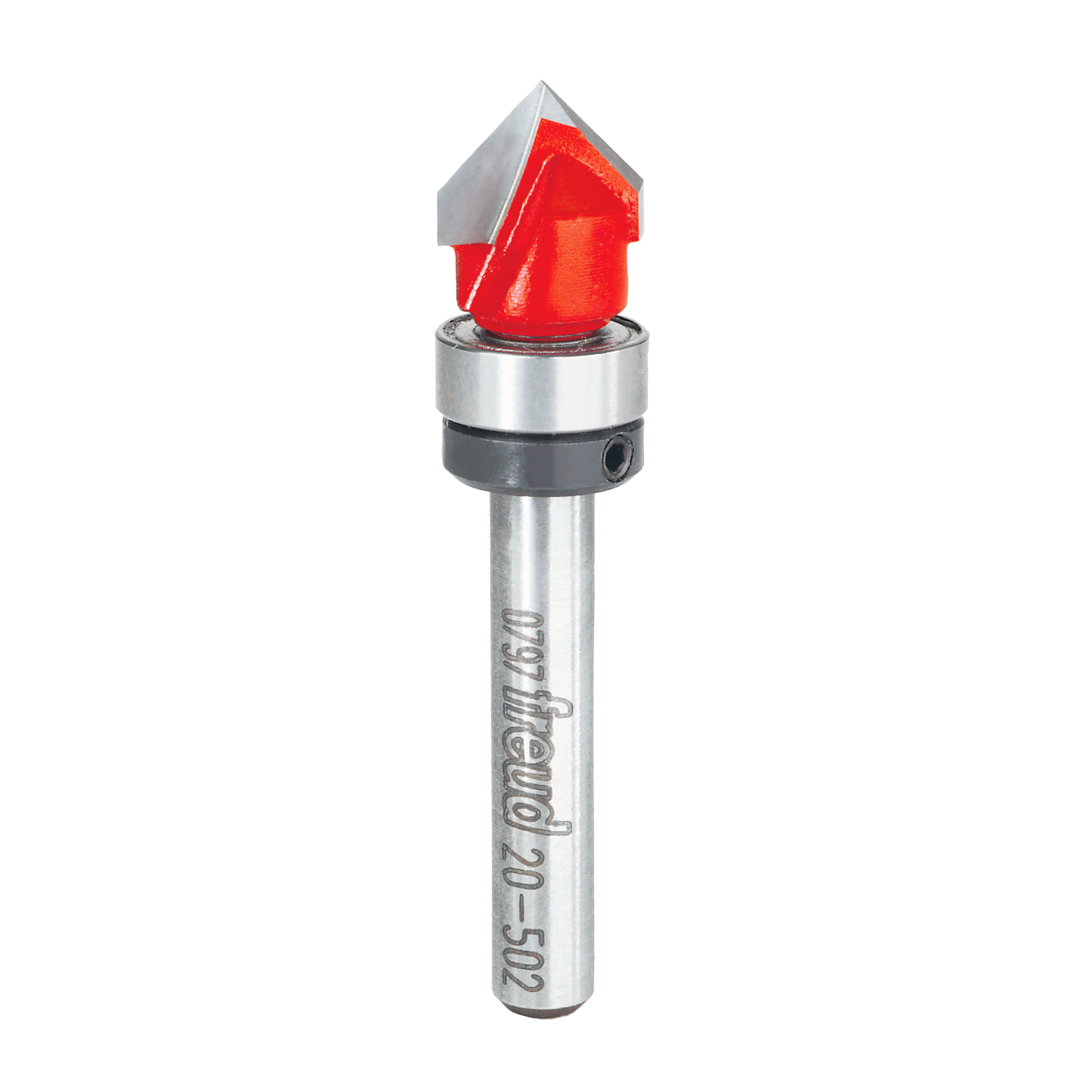 V-groove router bit with red cutting head and silver metal shaft on white background.