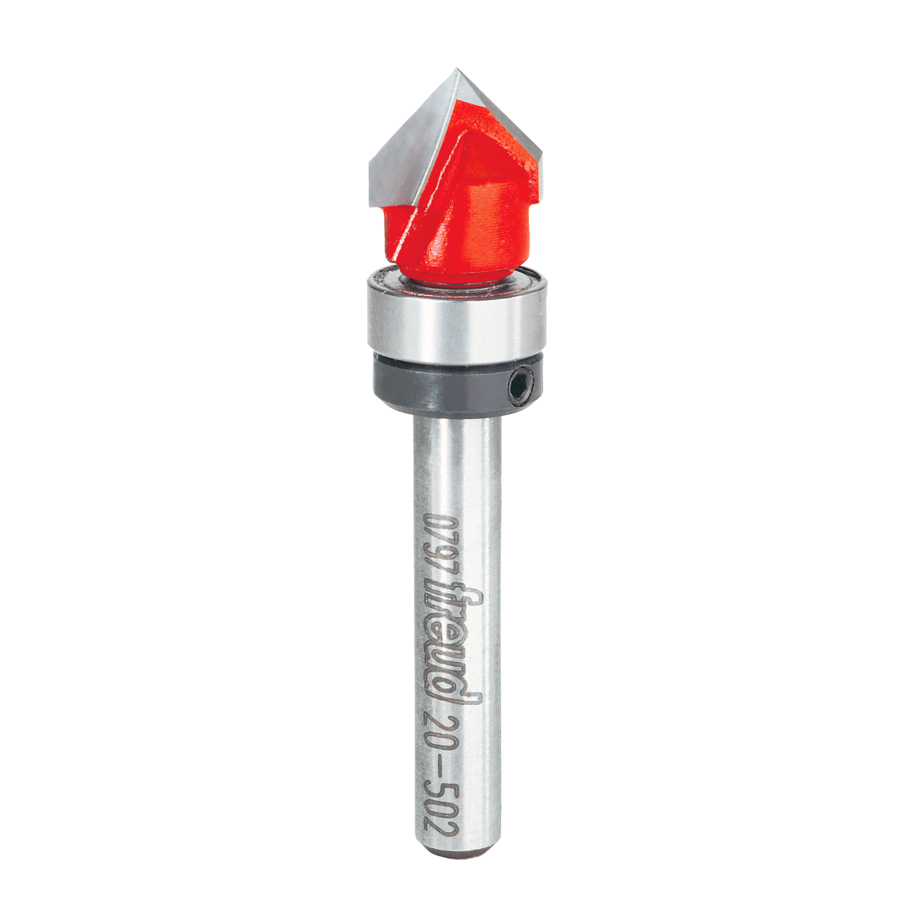 V-groove router bit with red cutting head and silver metal shaft on white background.