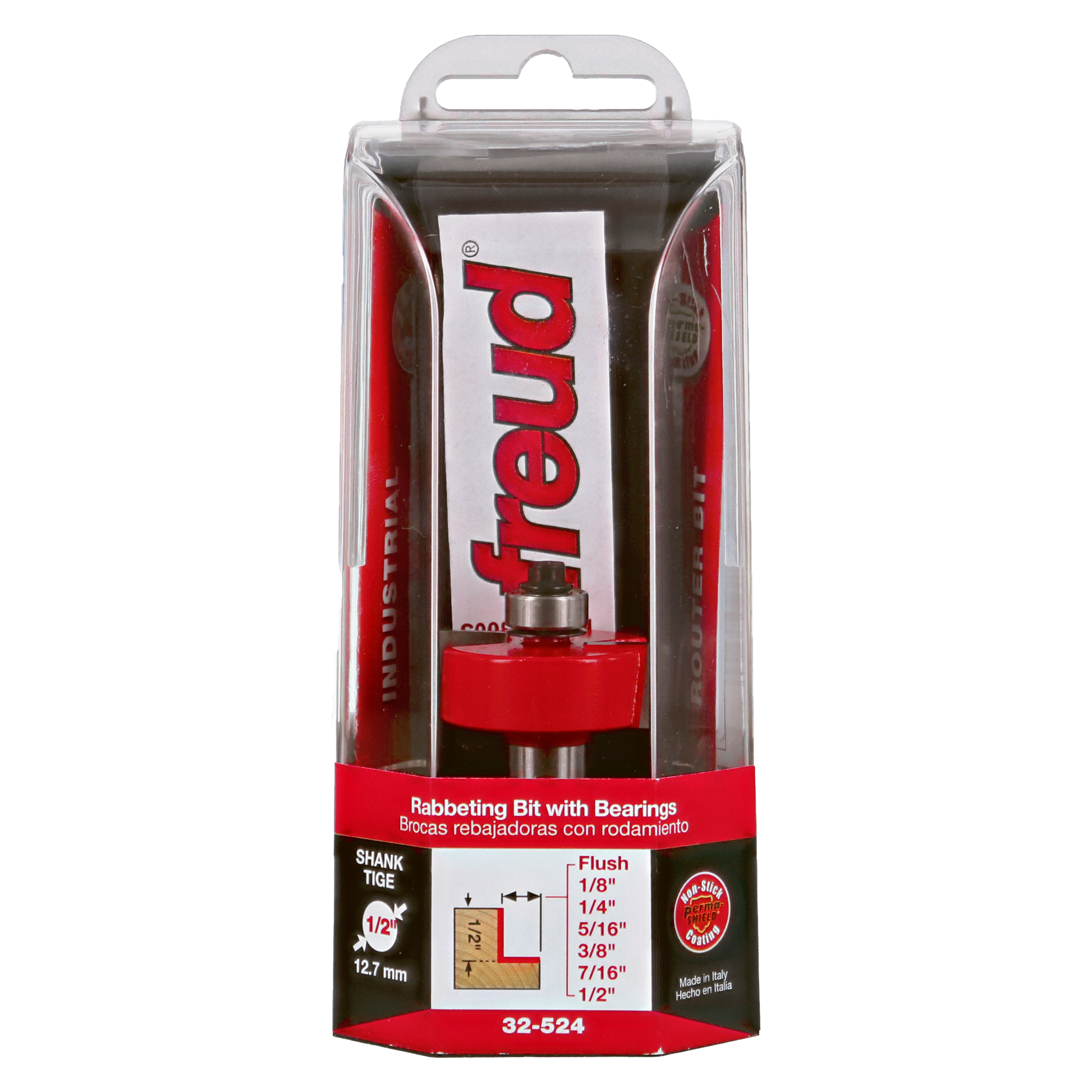 Freud rabbeting bit with bearings in red and silver packaging, displaying multiple depth settings from 1/8" to 1/2".