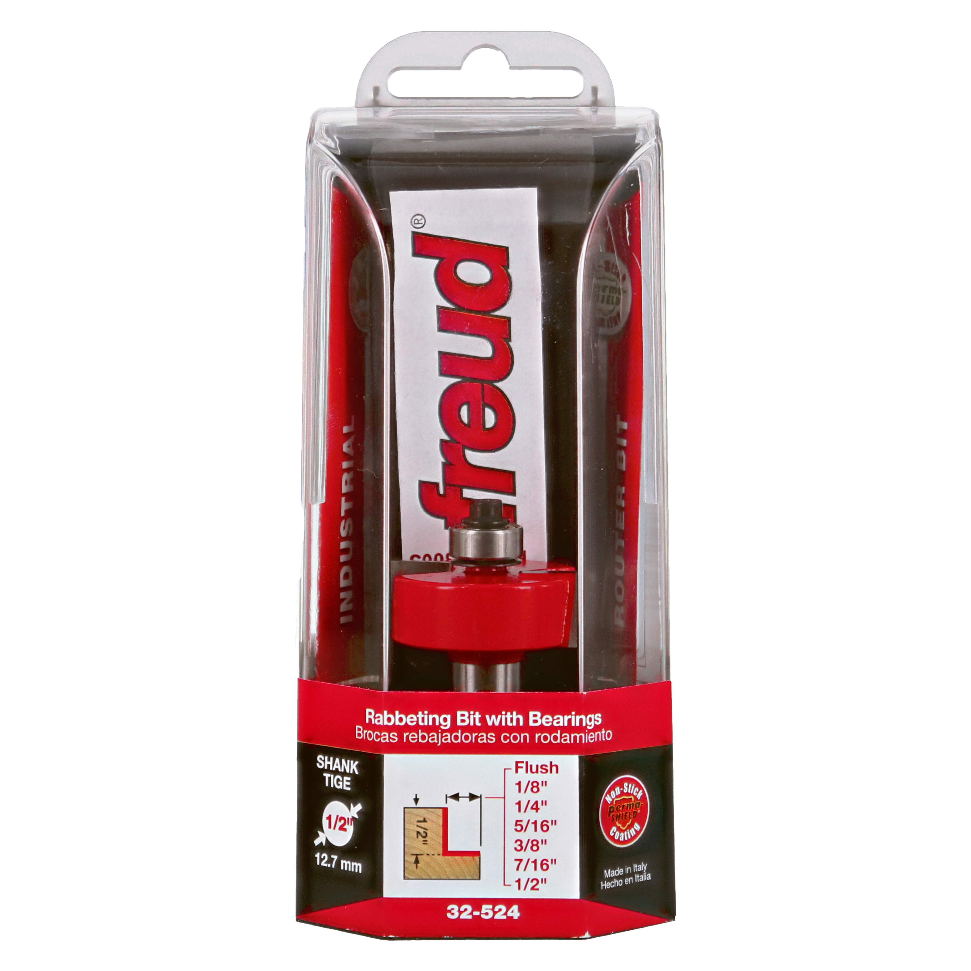 Freud rabbeting bit with bearings in red and silver packaging, displaying multiple depth settings from 1/8" to 1/2".