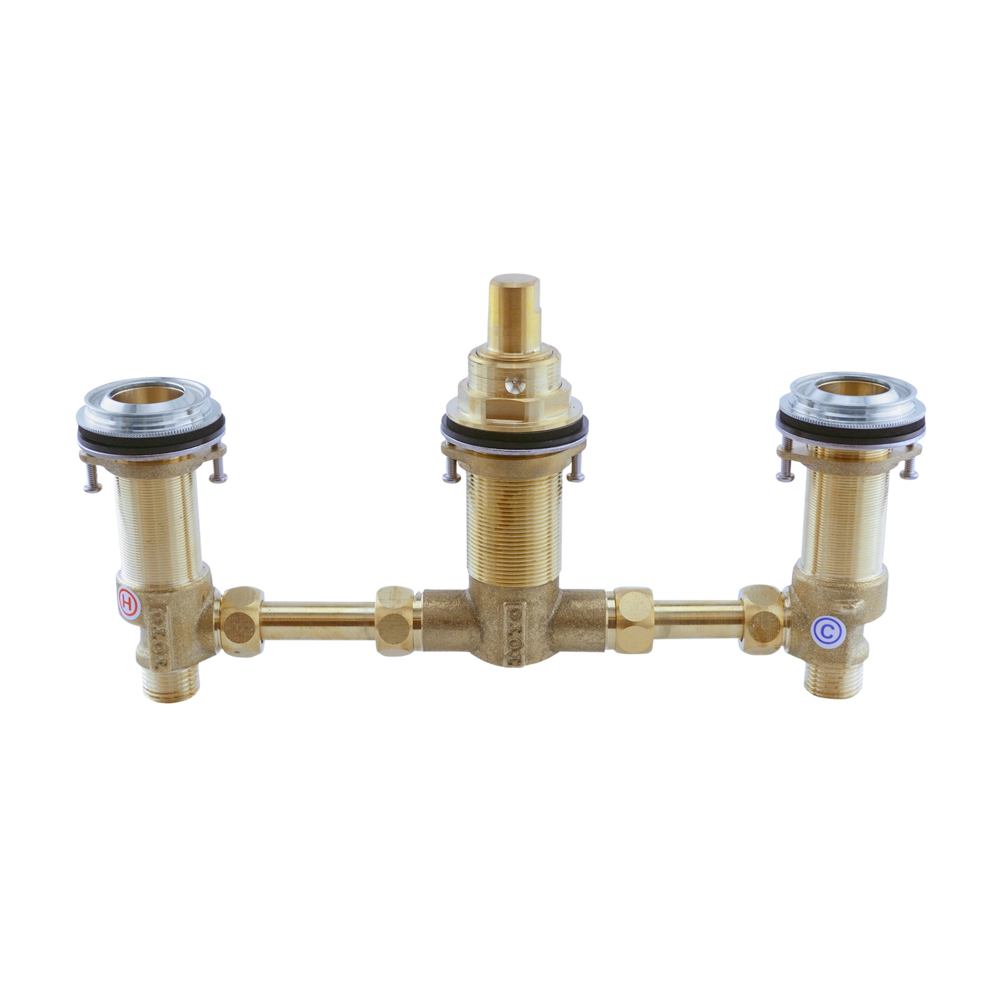 Brass three-hole rough-in valve with center spout and left and right side outlets, featuring blue and red indicator markers.