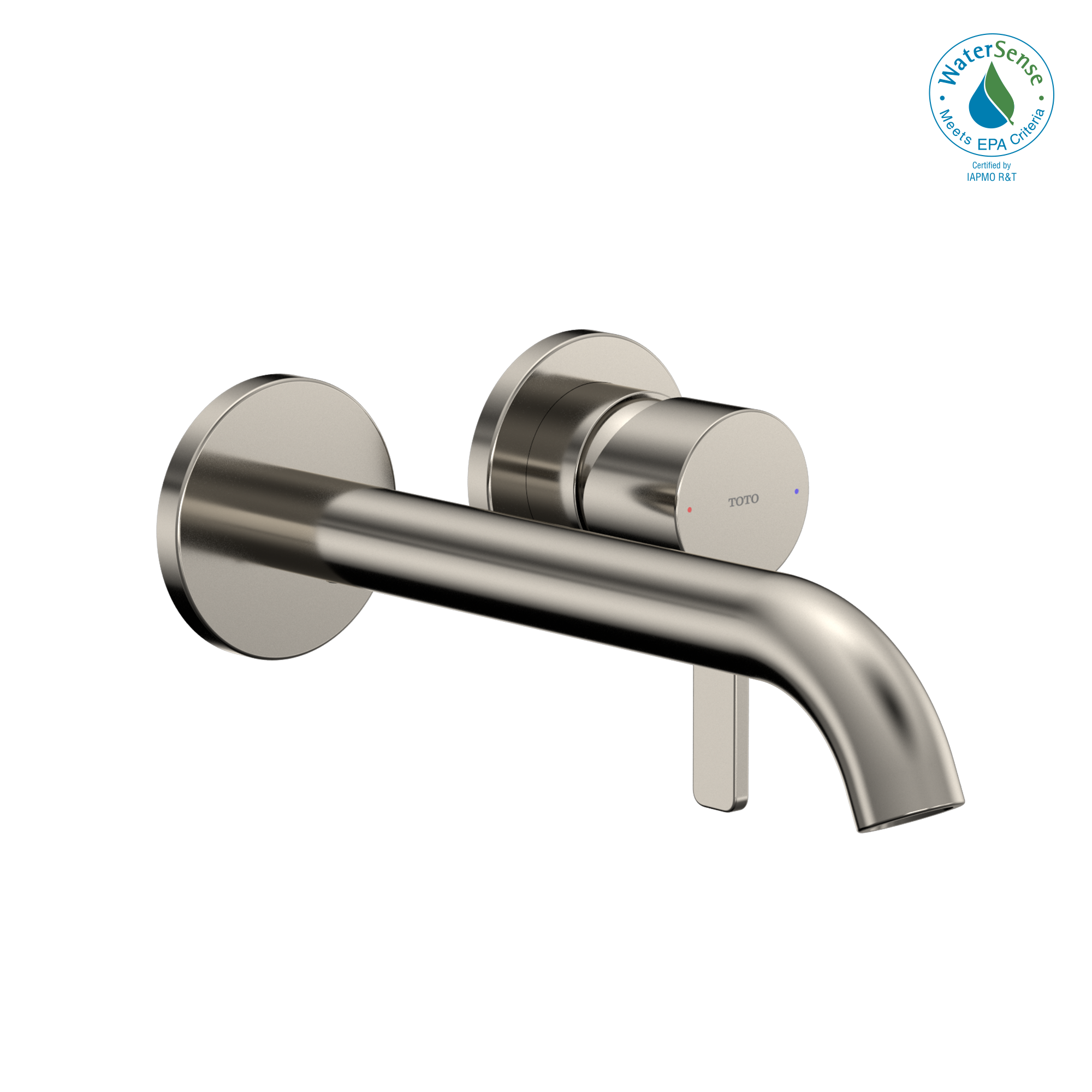 Polished nickel wall-mount bathroom faucet with single handle and curved spout.
