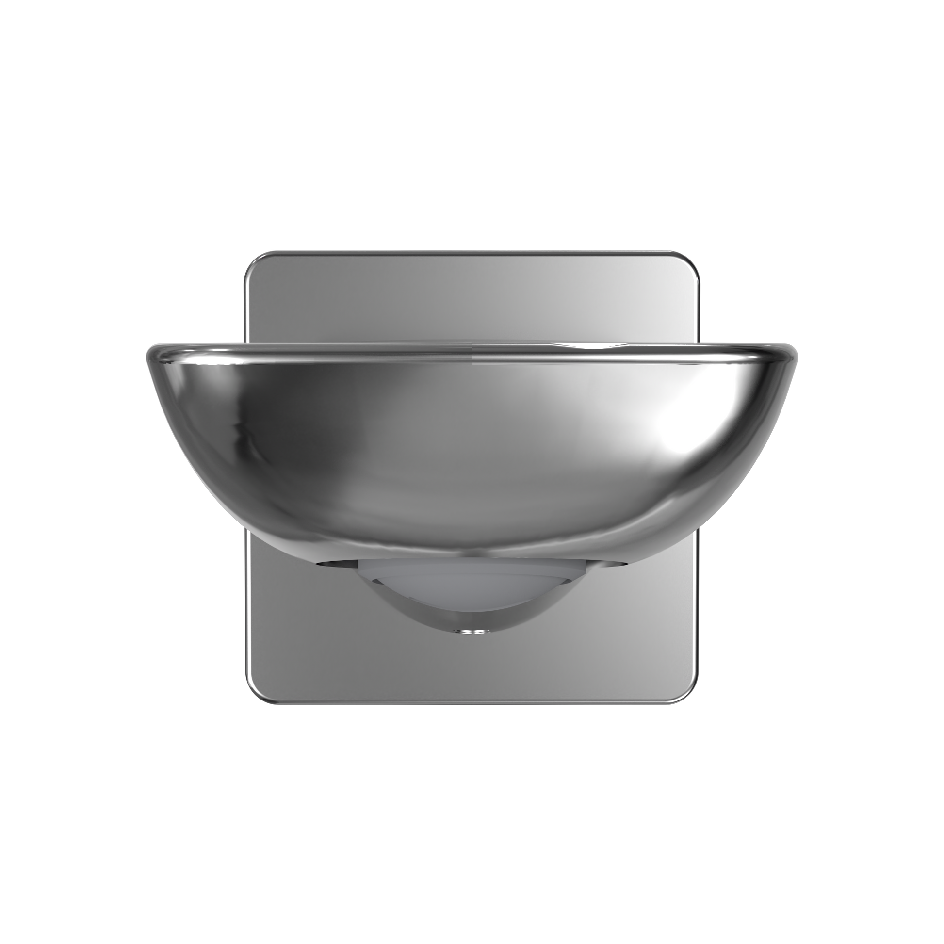 Polished chrome wall tub spout with curved bowl shape and rectangular mounting plate.