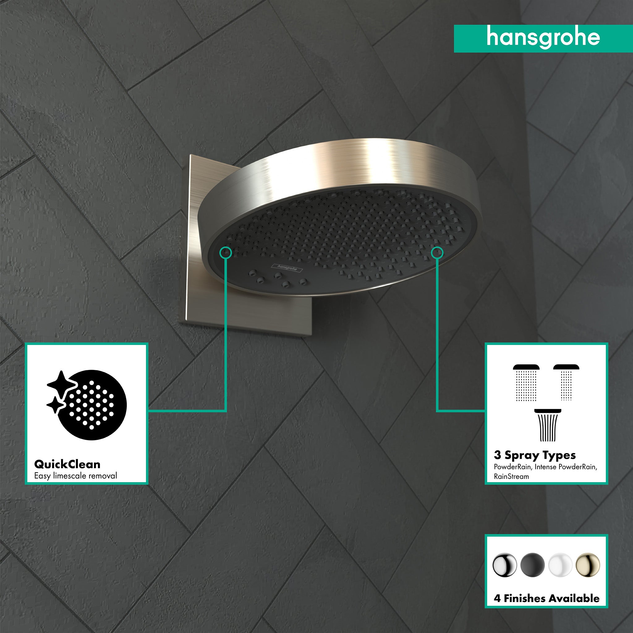Brushed nickel round shower head with 3-jet spray pattern mounted on wall with trim plate and connector.
