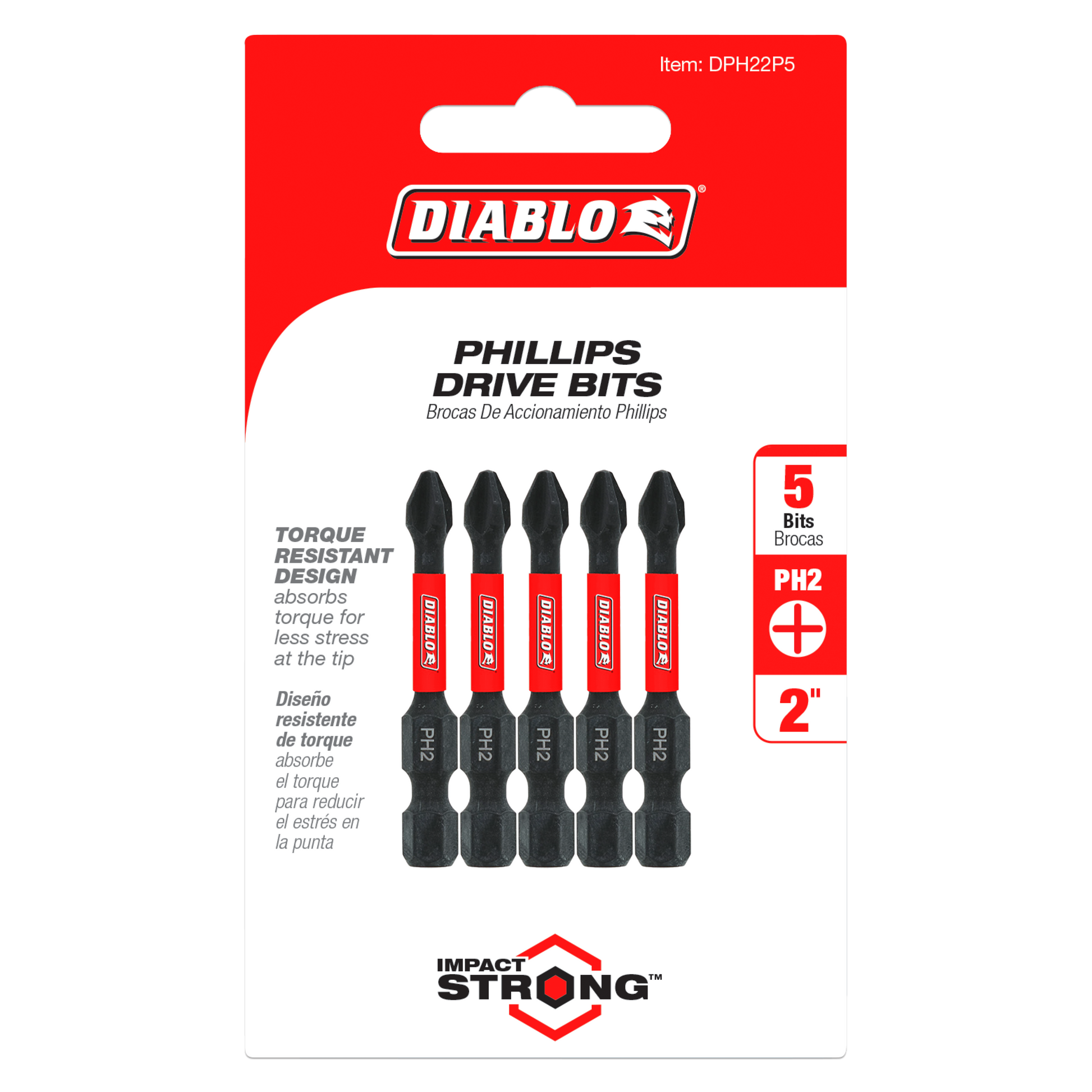 Five black and red Diablo Phillips #2 drive bits, 2 inches long, displayed on retail packaging.