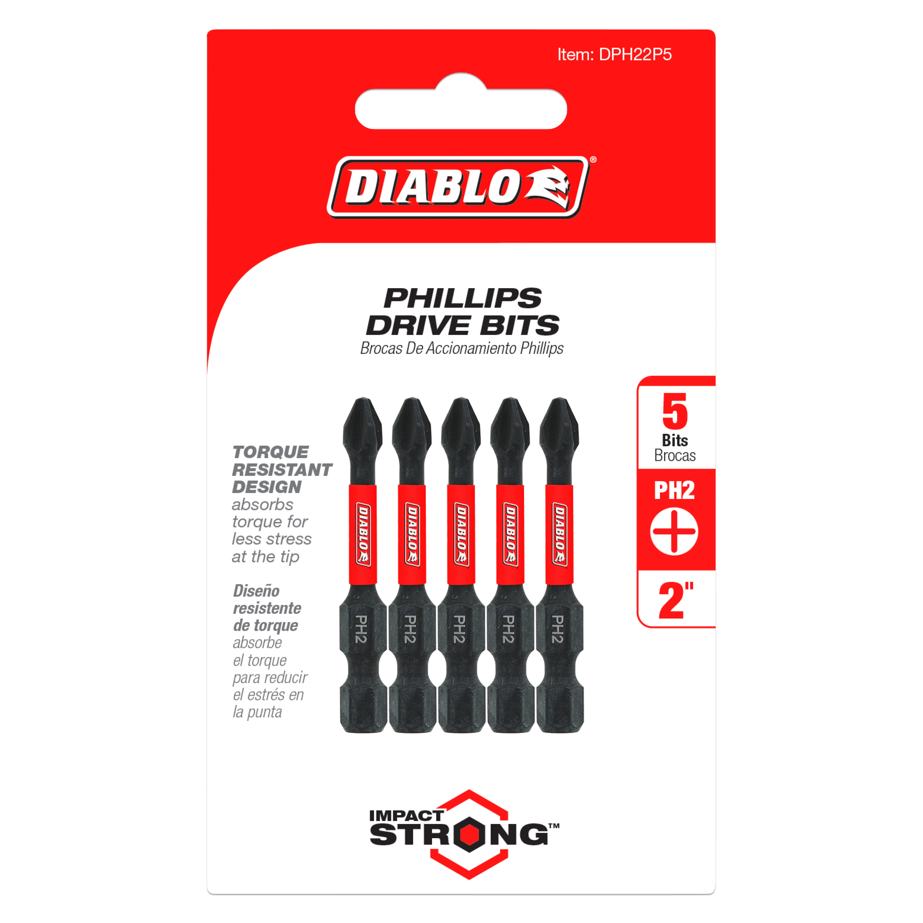 Five black and red Diablo Phillips #2 drive bits, 2 inches long, displayed on retail packaging.
