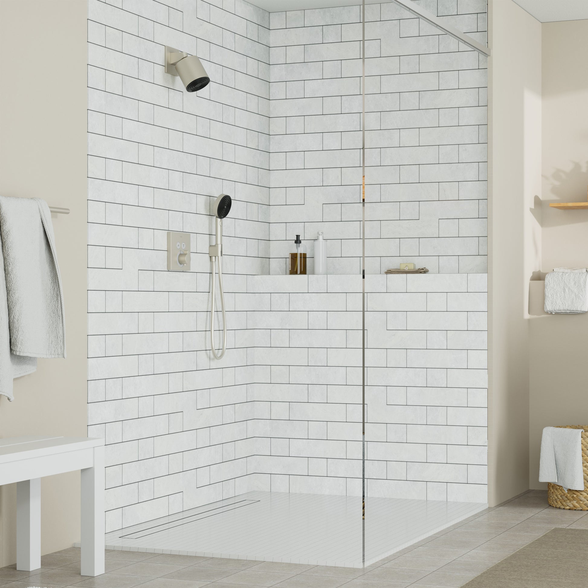 Brushed nickel handshower set with overhead rainfall showerhead and handheld wand mounted on white subway tile shower wall.