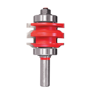 Red and silver rail and stile router bit with multiple cutting edges and cylindrical shank.