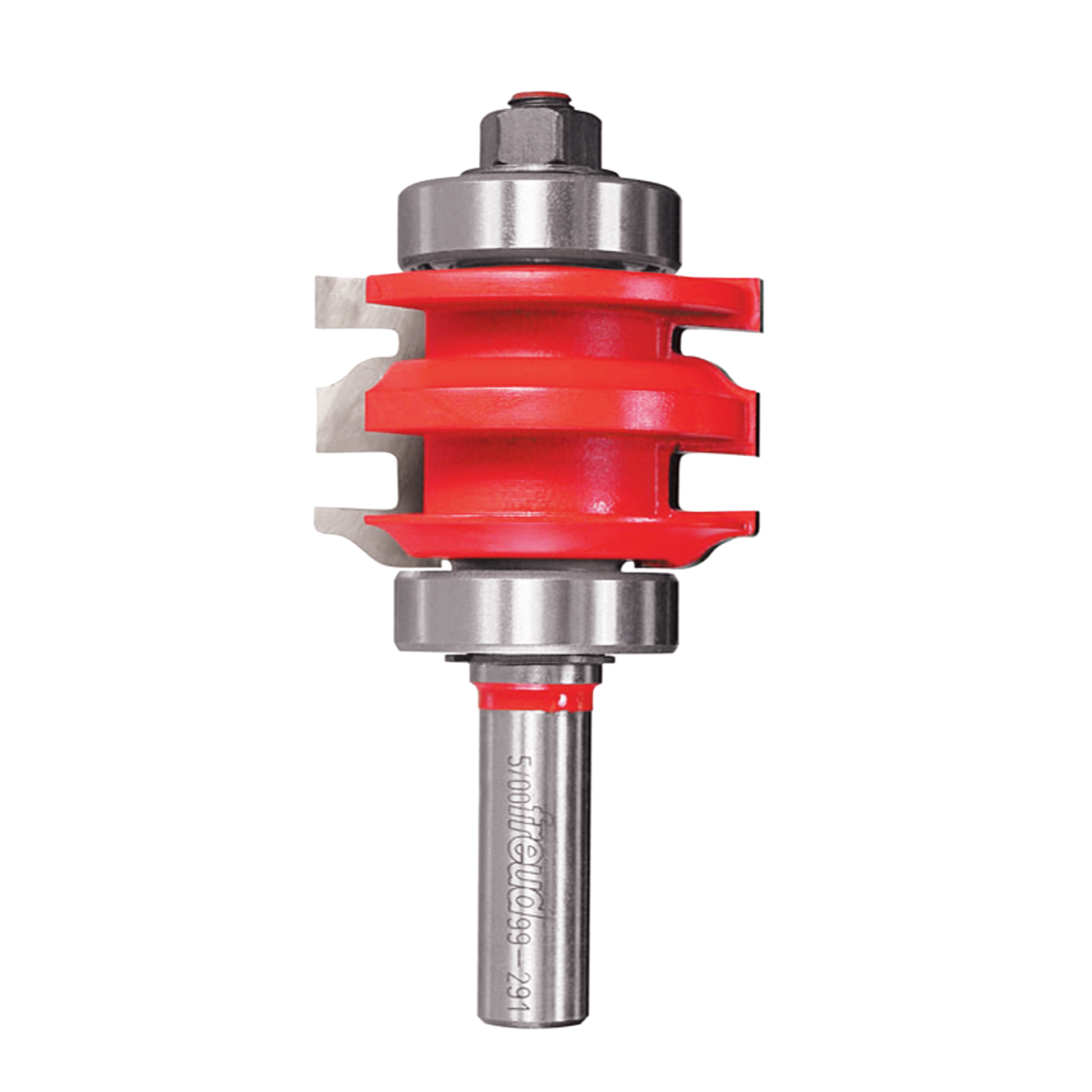 Red and silver rail and stile router bit with multiple cutting edges and cylindrical shank.