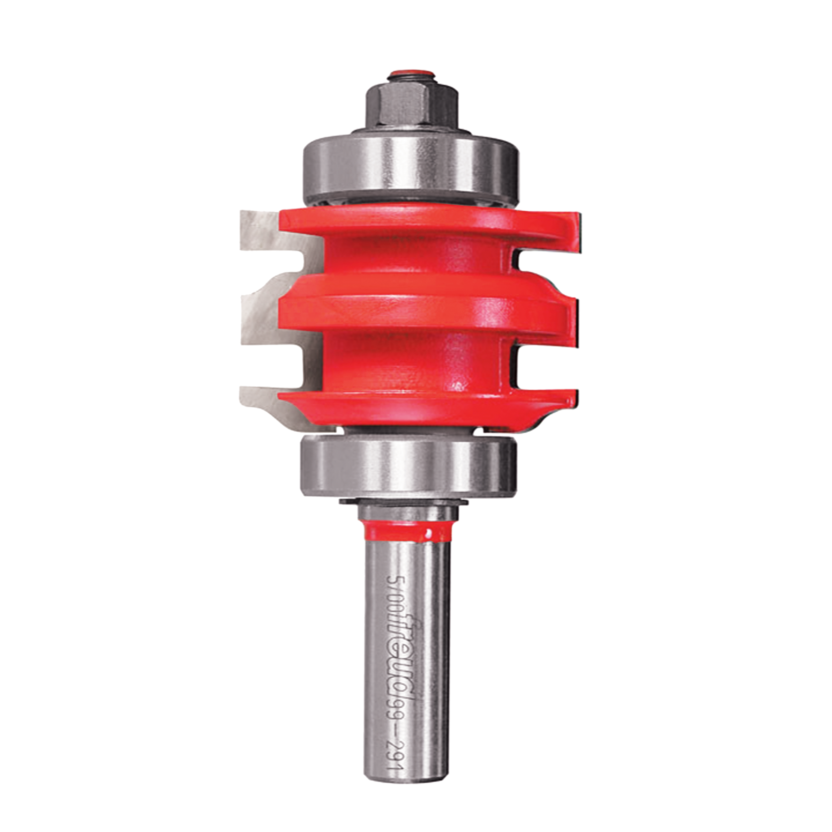 Red and silver rail and stile router bit with multiple cutting edges and cylindrical shank.