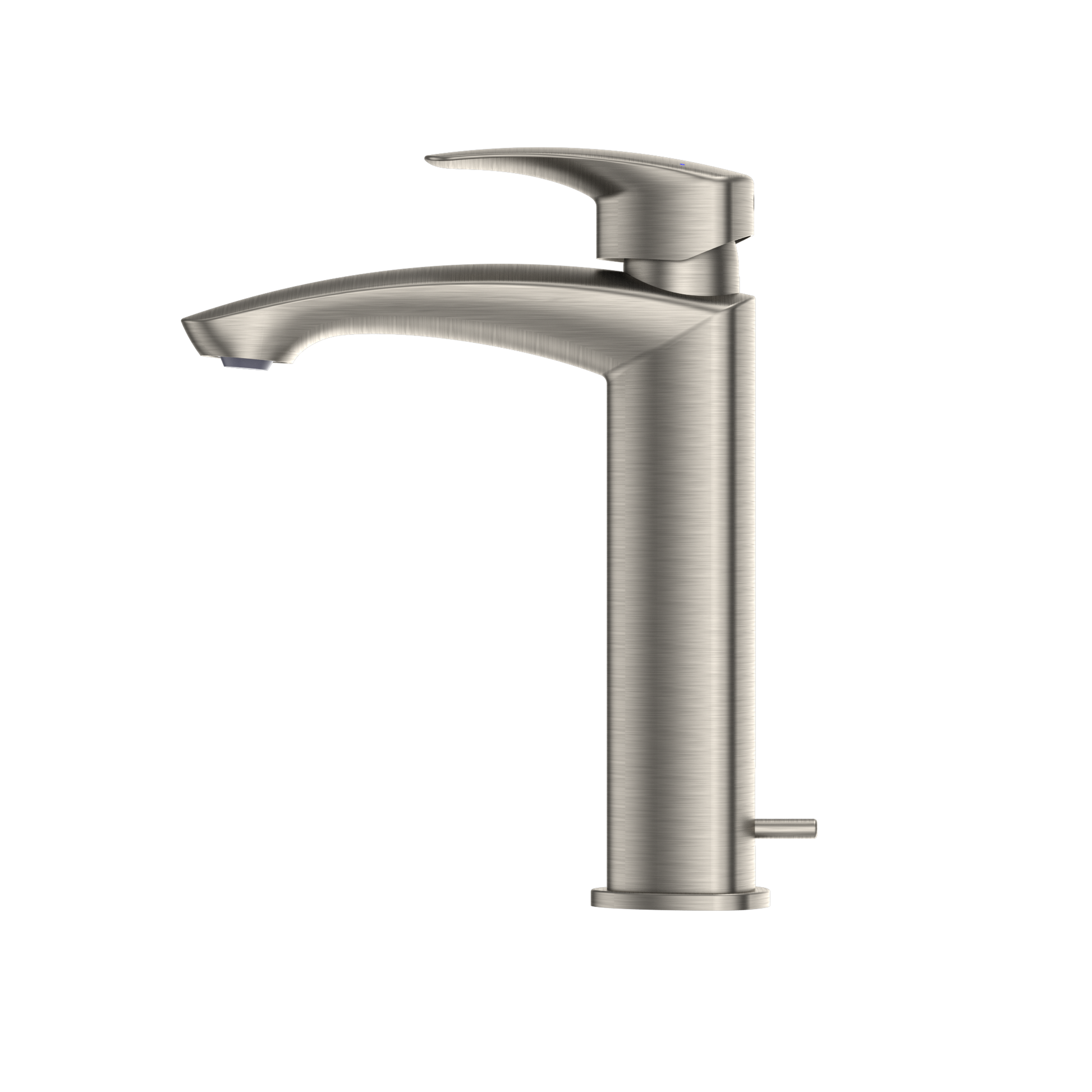 Brushed nickel single-handle bathroom sink faucet with curved spout and tall cylindrical body.