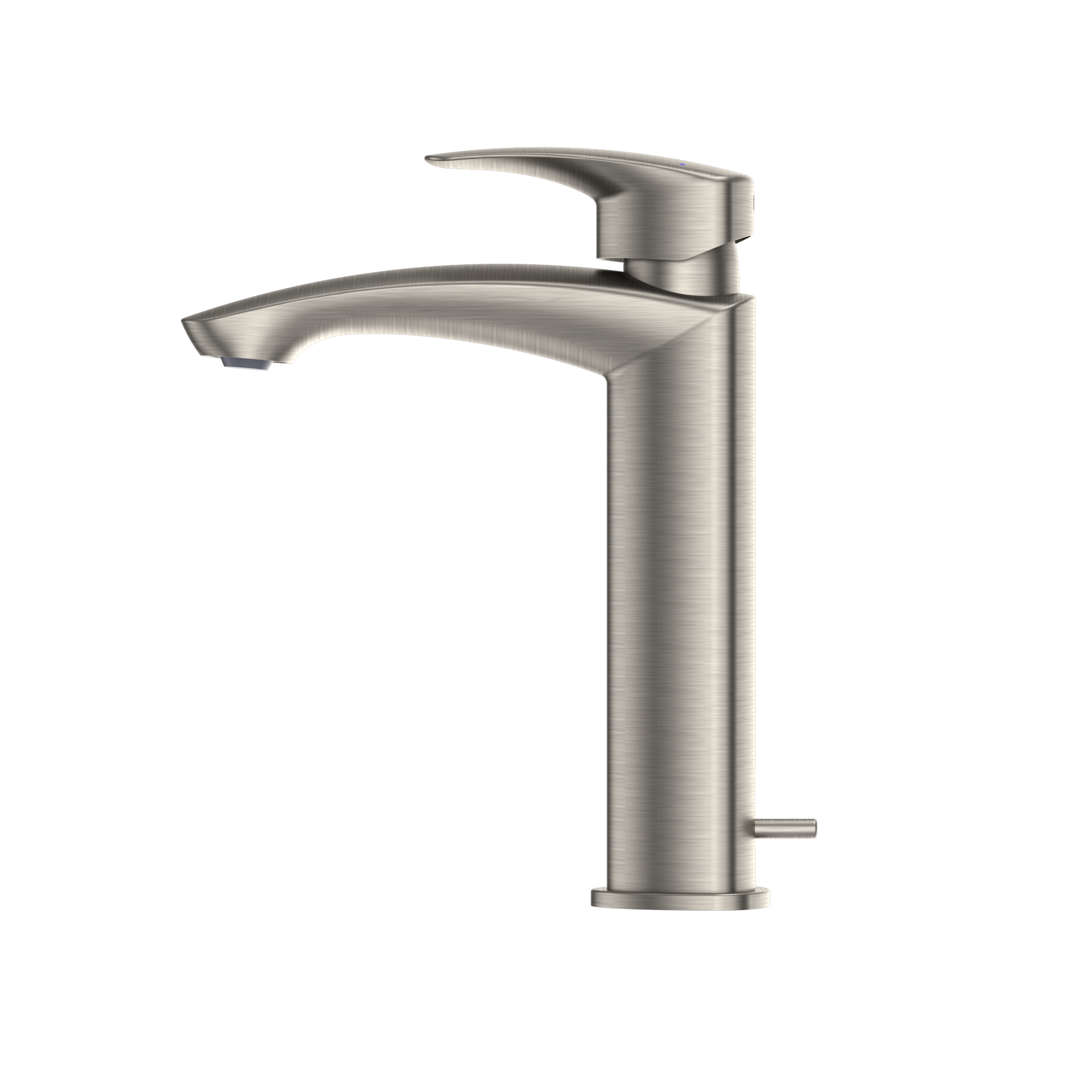 Brushed nickel single-handle bathroom sink faucet with curved spout and tall cylindrical body.