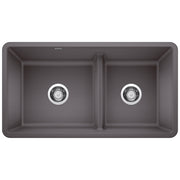 Dark gray undermount kitchen sink with two equal basins separated by low divider and chrome strainer drains.