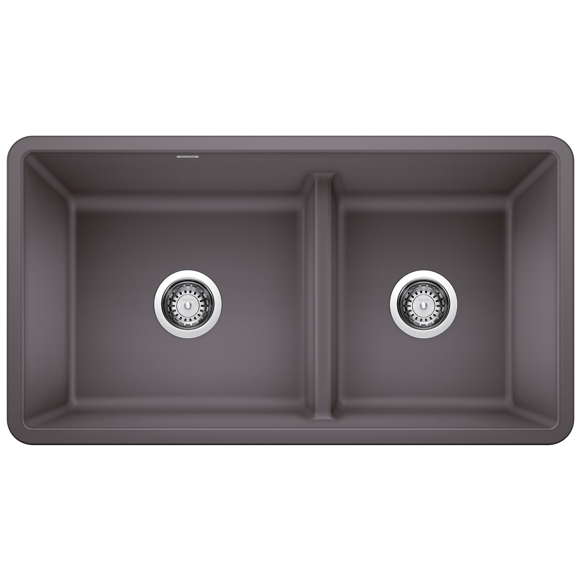 Dark gray undermount kitchen sink with two equal basins separated by low divider and chrome strainer drains.