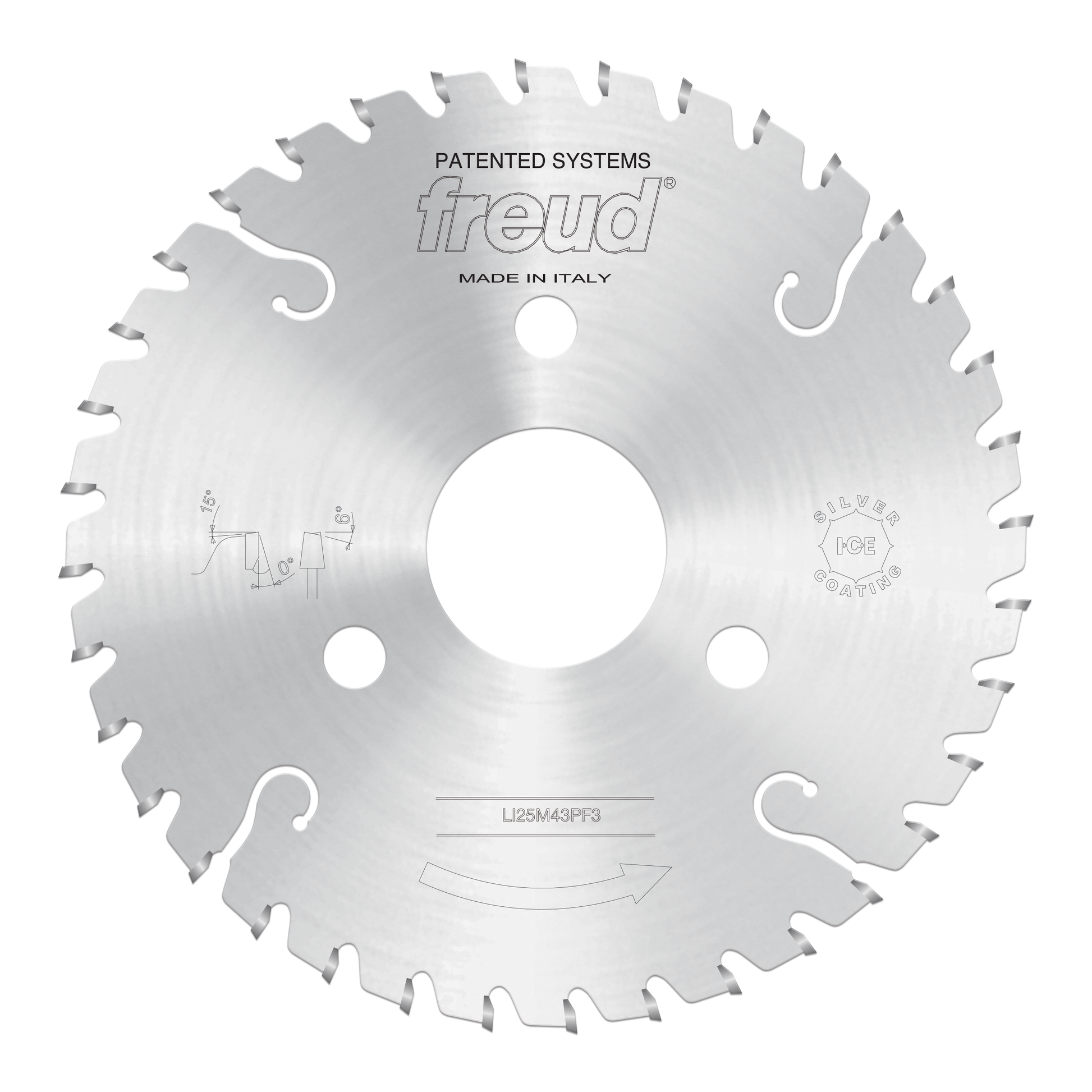Freud 200mm conical scoring saw blade with alternating tooth pattern and three mounting holes.