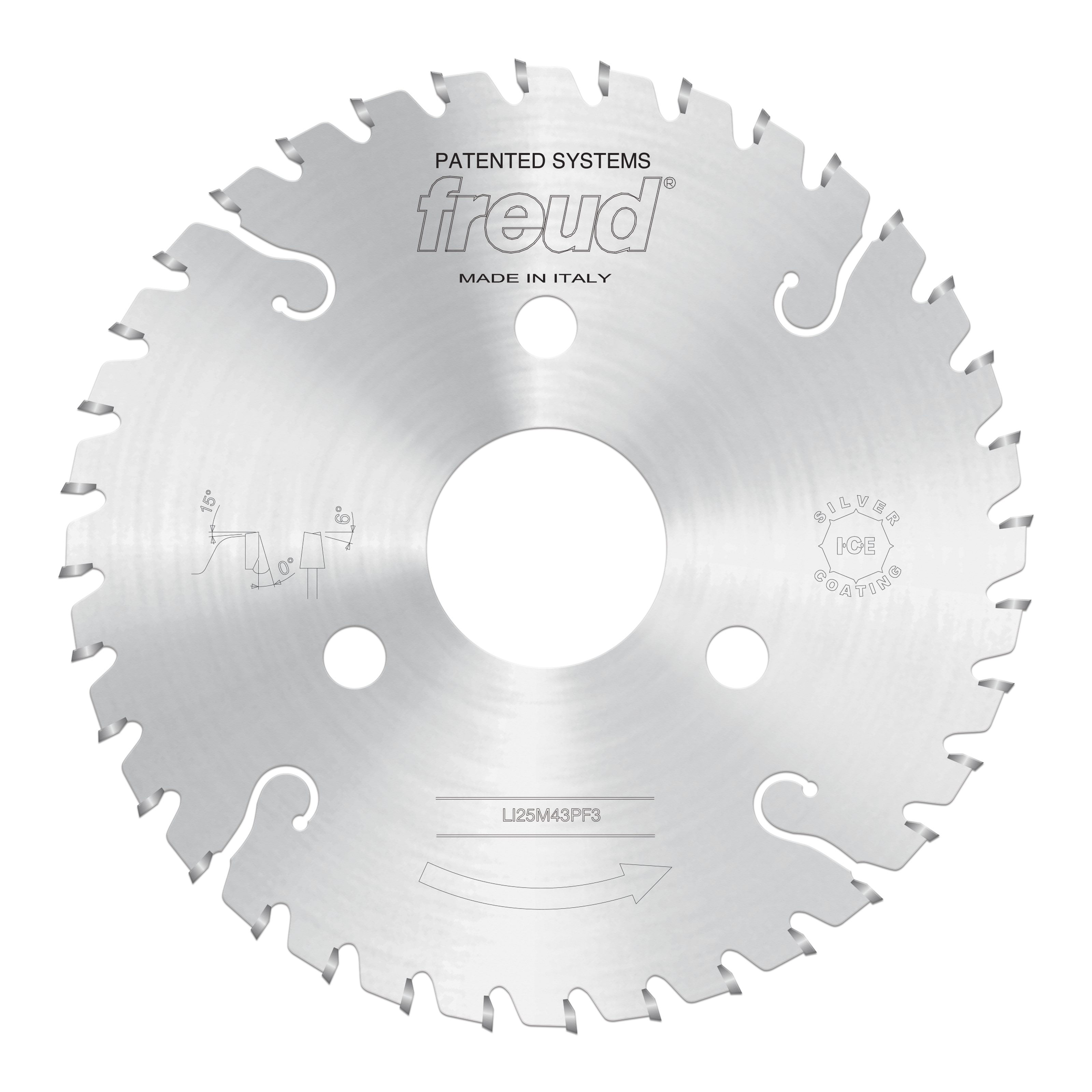 Freud 200mm conical scoring saw blade with alternating tooth pattern and three mounting holes.