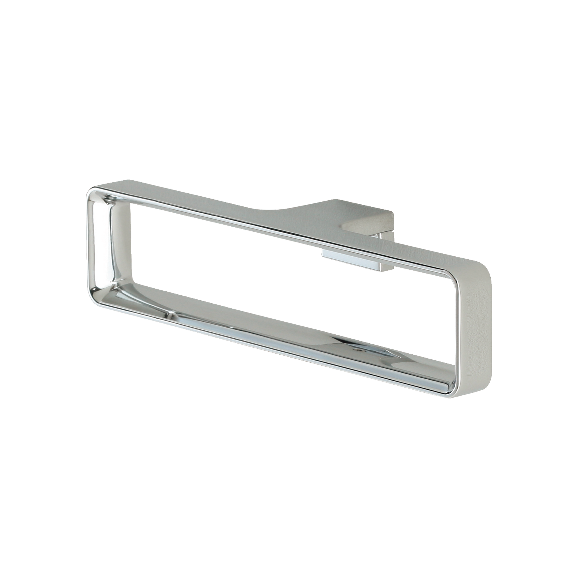 Polished chrome round towel ring with rectangular open design and wall-mounted bracket.