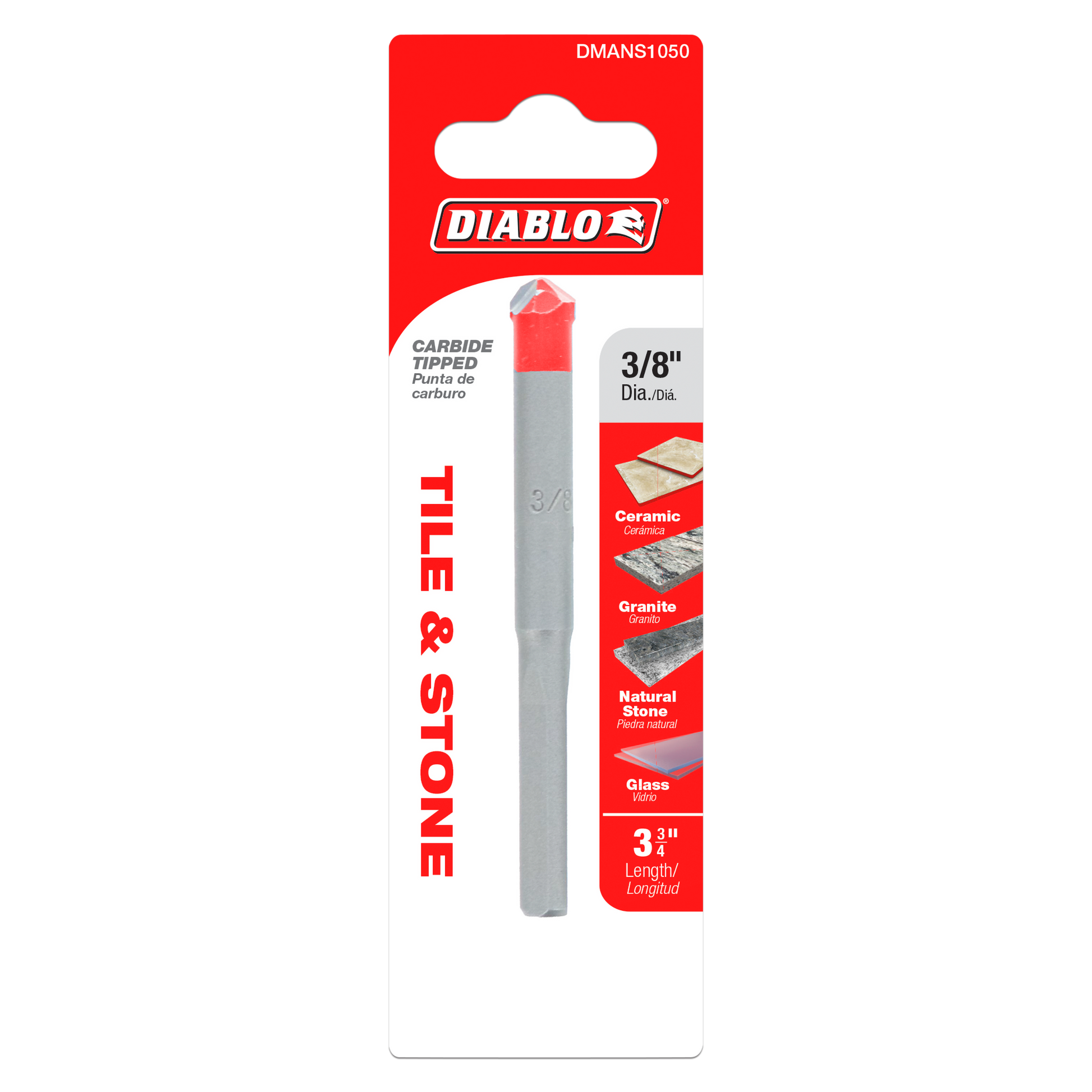 Diablo 3/8 in. carbide-tipped drill bit with red tip on gray shaft in retail packaging.