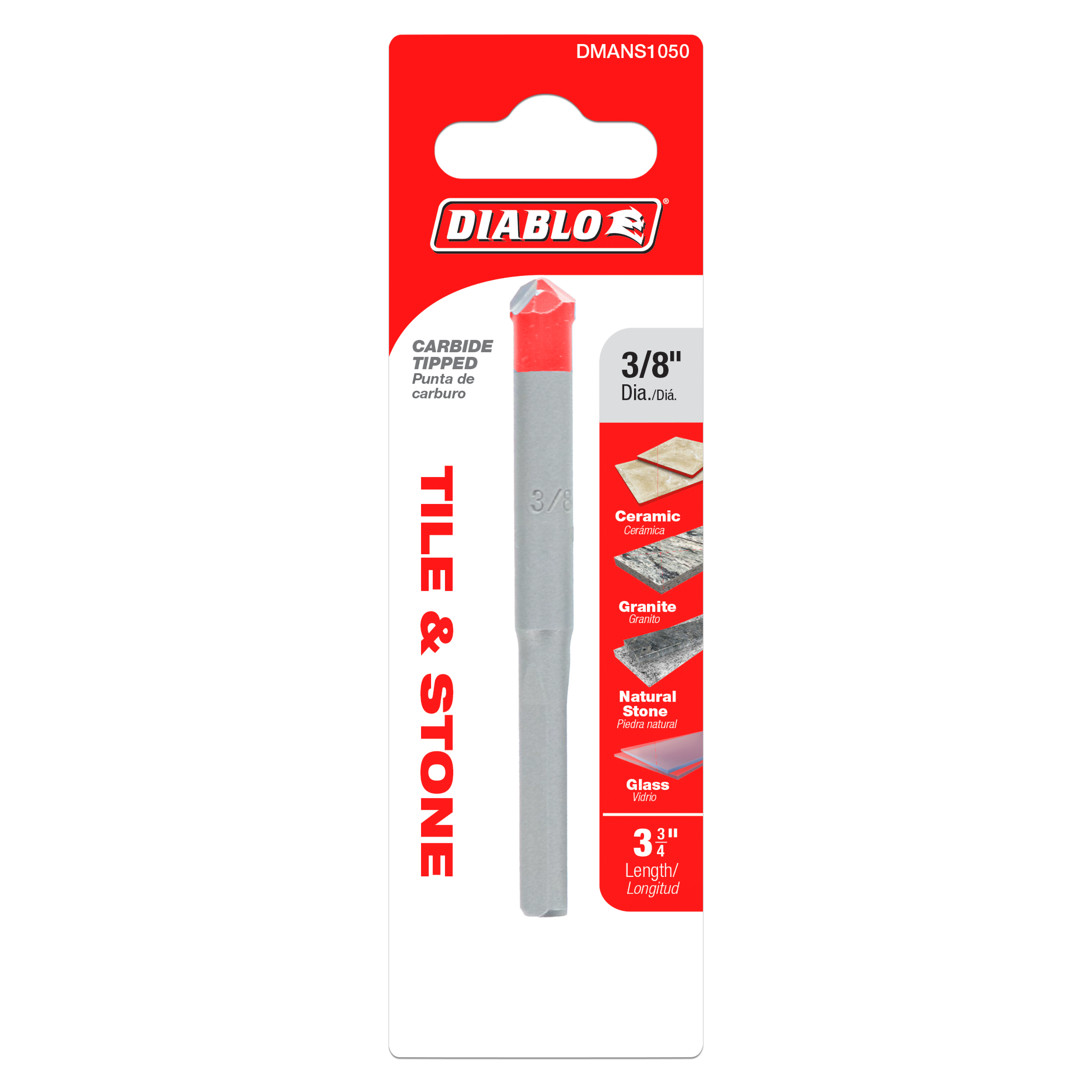Diablo 3/8 in. carbide-tipped drill bit with red tip on gray shaft in retail packaging.