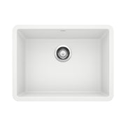 White single-bowl undermount kitchen sink with chrome drain strainer and rounded corners.