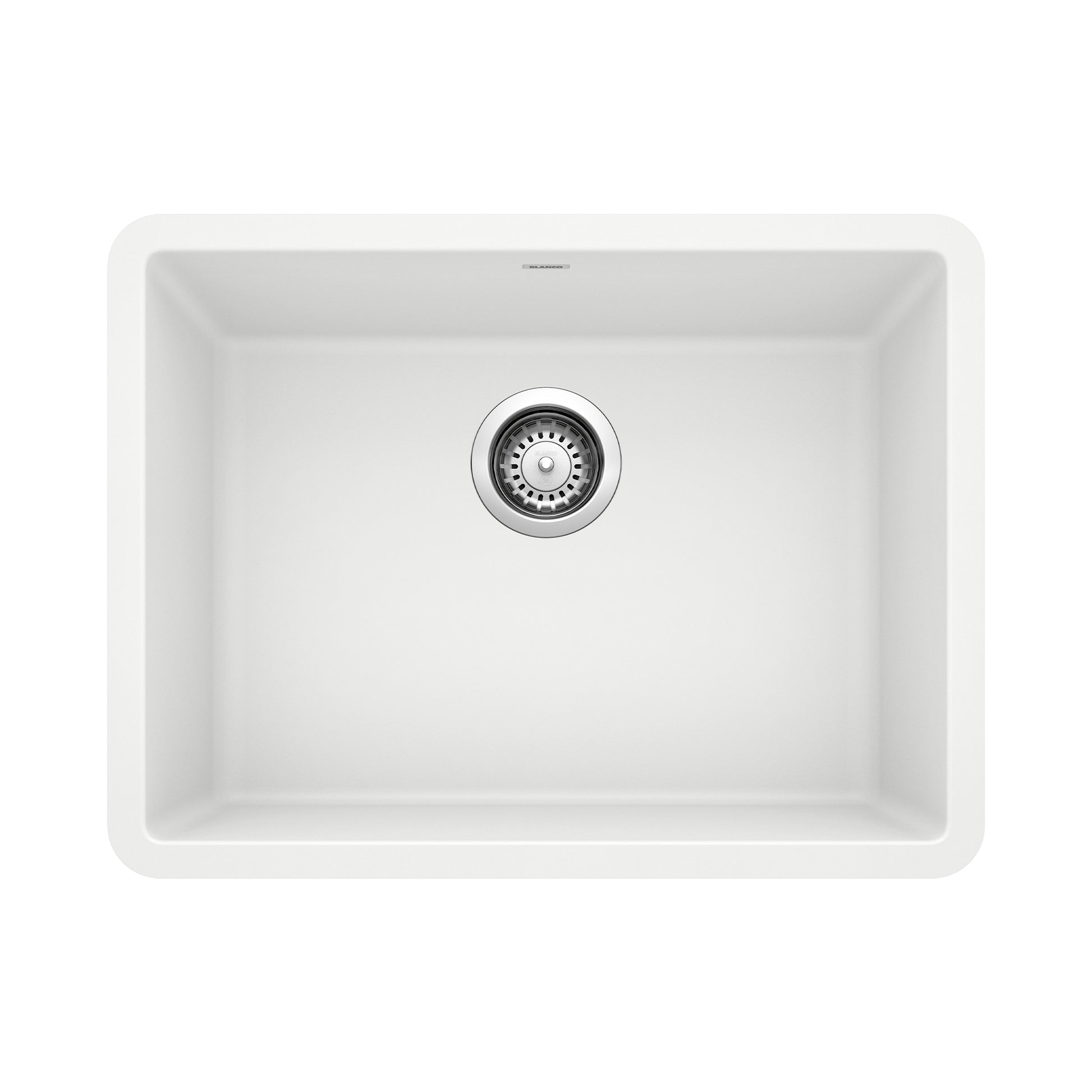 White single-bowl undermount kitchen sink with chrome drain strainer and rounded corners.
