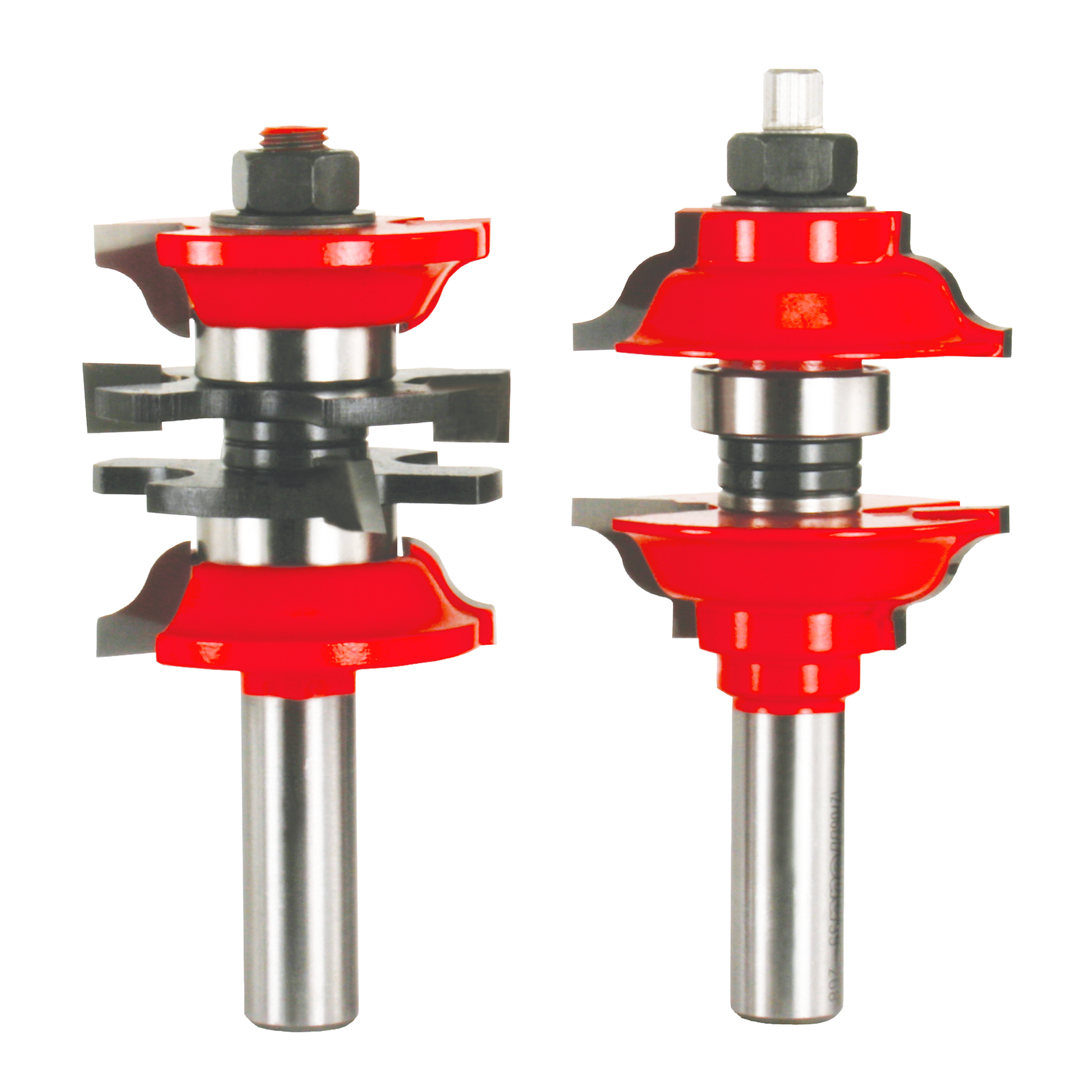 Two router bits with red cutting heads and steel shafts, one with curved edges and one with decorative profile.