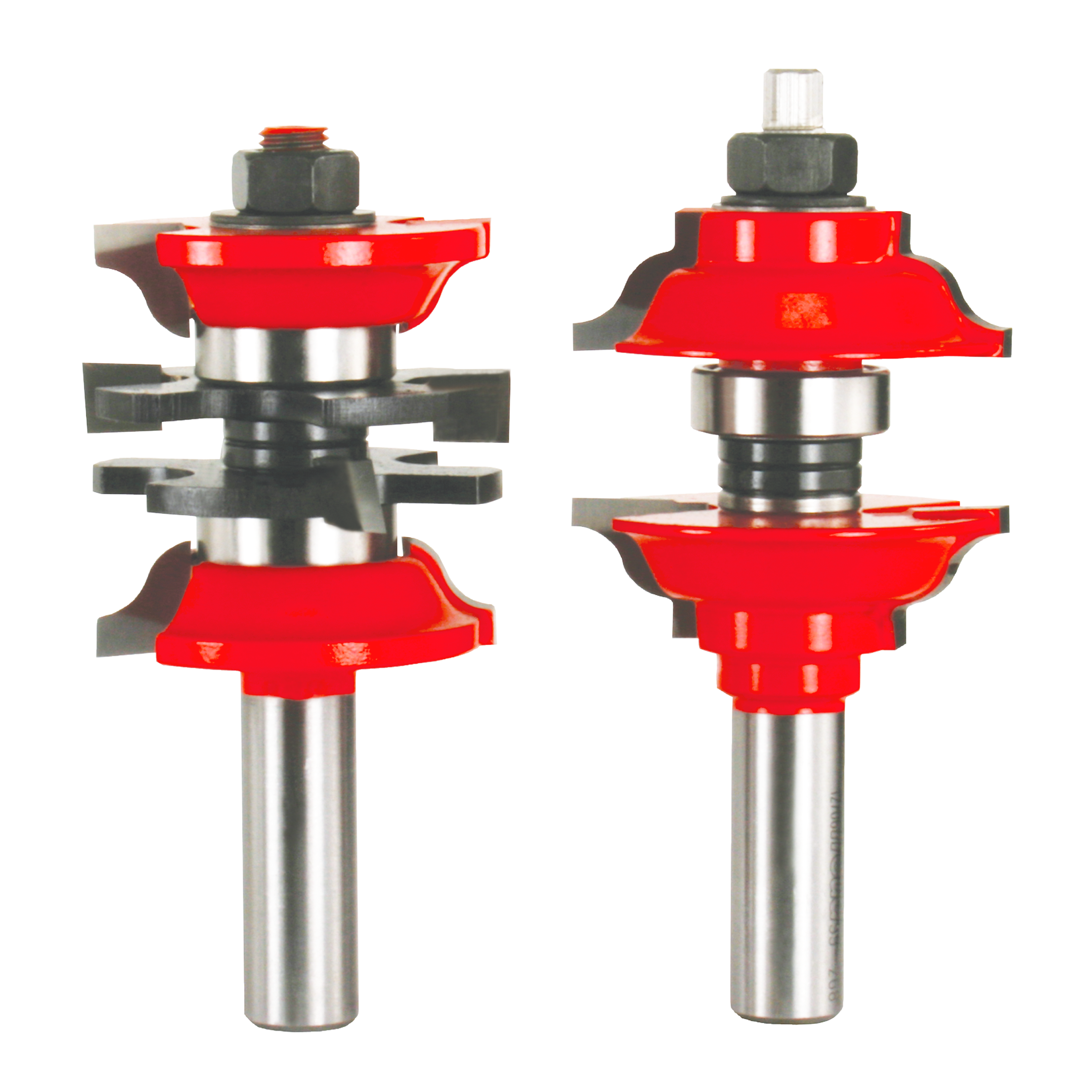 Two router bits with red cutting heads and steel shafts, one with curved edges and one with decorative profile.