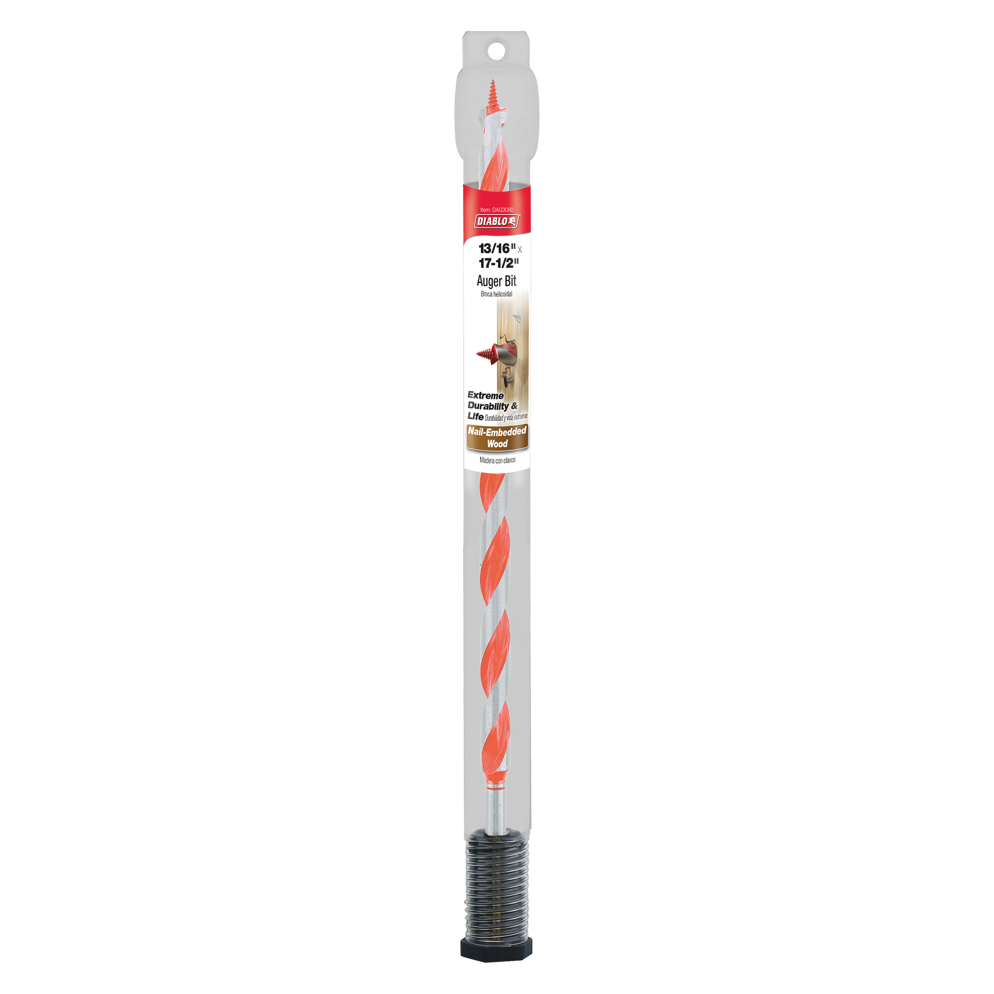 Diablo auger bit with red spiral flutes, gray shaft, and threaded black tip on gray packaging card.