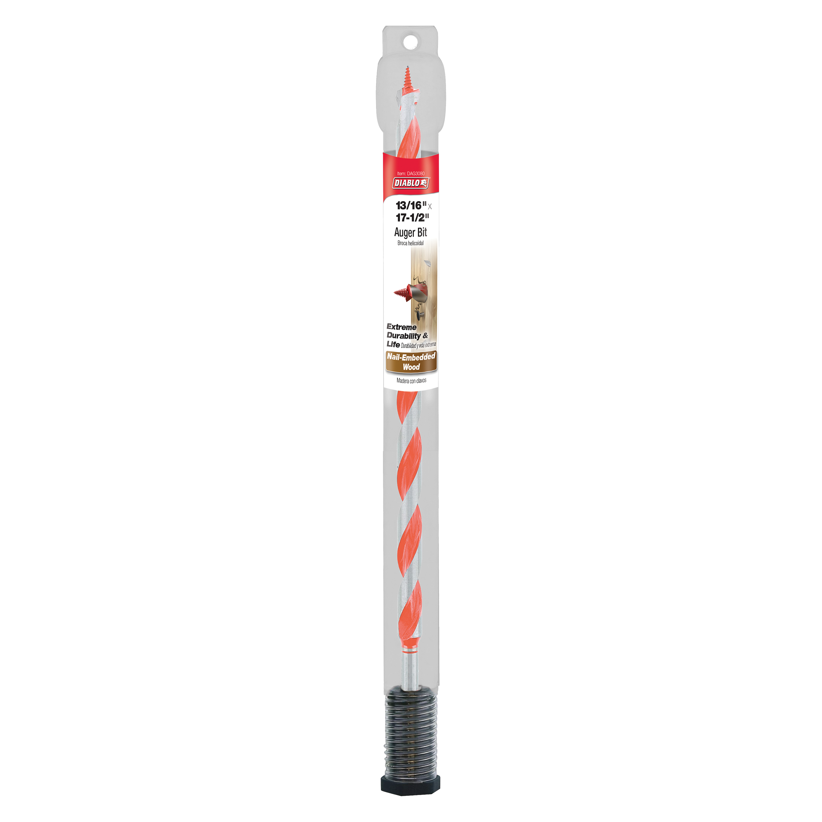 Diablo auger bit with red spiral flutes, gray shaft, and threaded black tip on gray packaging card.