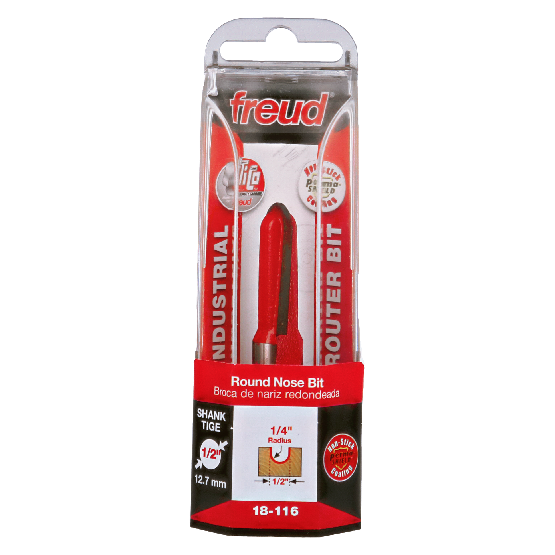 Freud 18-116 round nose router bit with 1/4" radius in clear plastic clamshell packaging with red and black labeling.