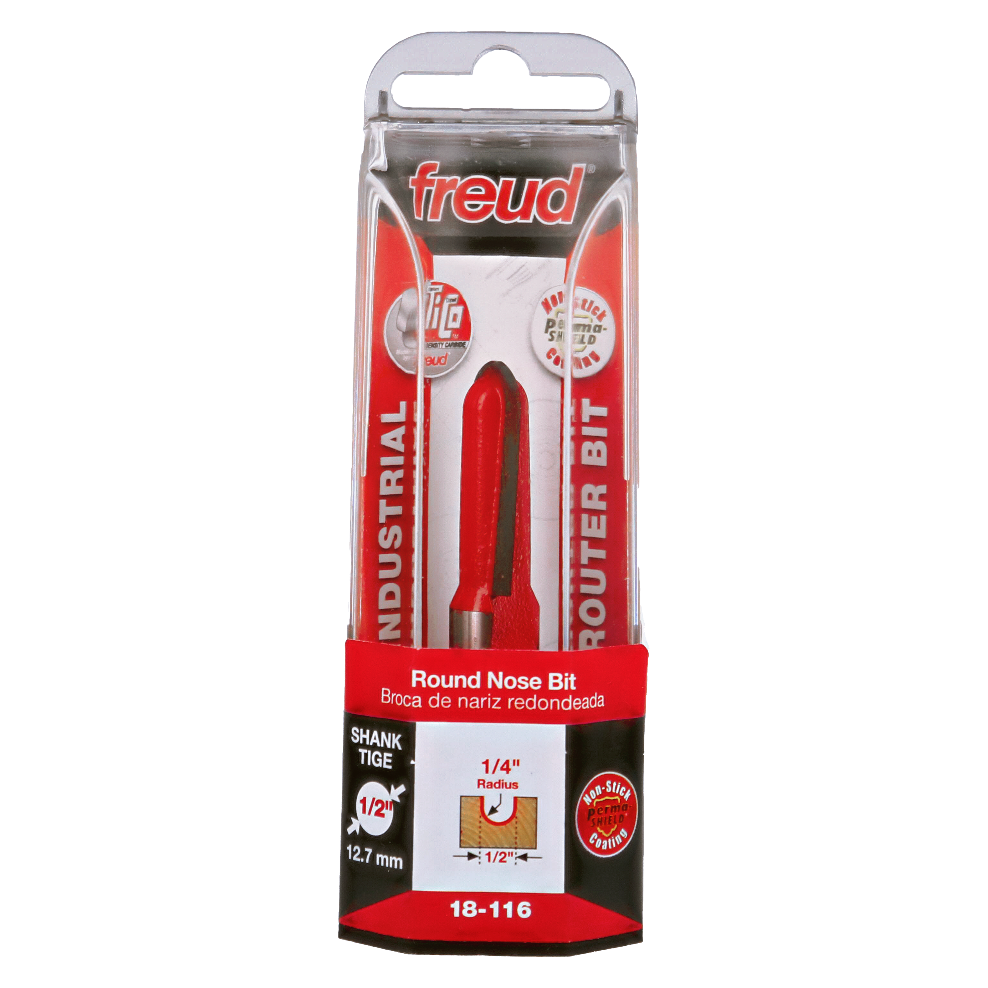 Freud 18-116 round nose router bit with 1/4" radius in clear plastic clamshell packaging with red and black labeling.