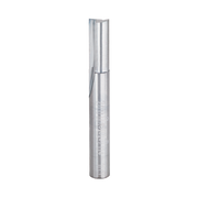 Silver router bit with two flutes and straight cutting edges, 1/4 inch diameter.