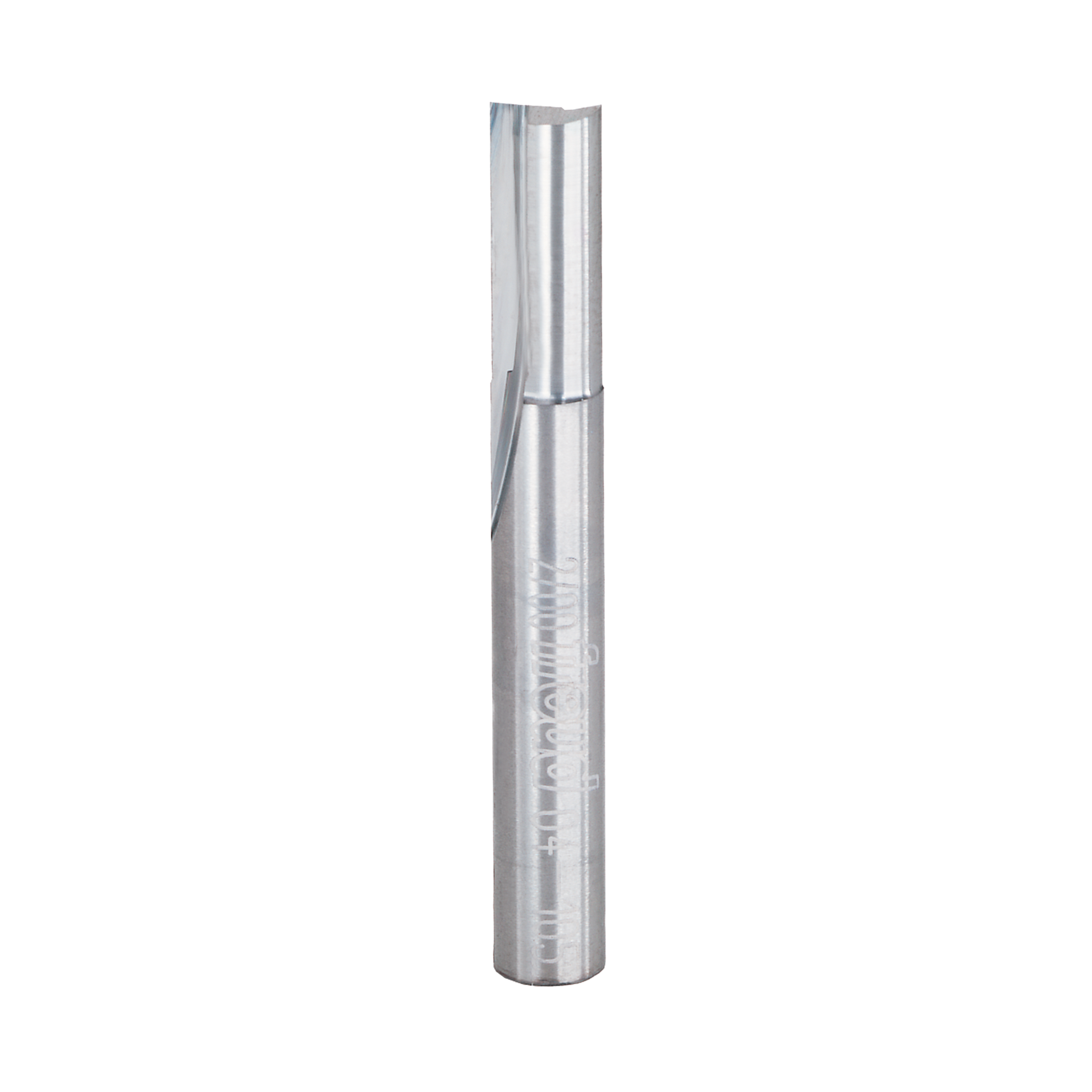 Silver router bit with two flutes and straight cutting edges, 1/4 inch diameter.
