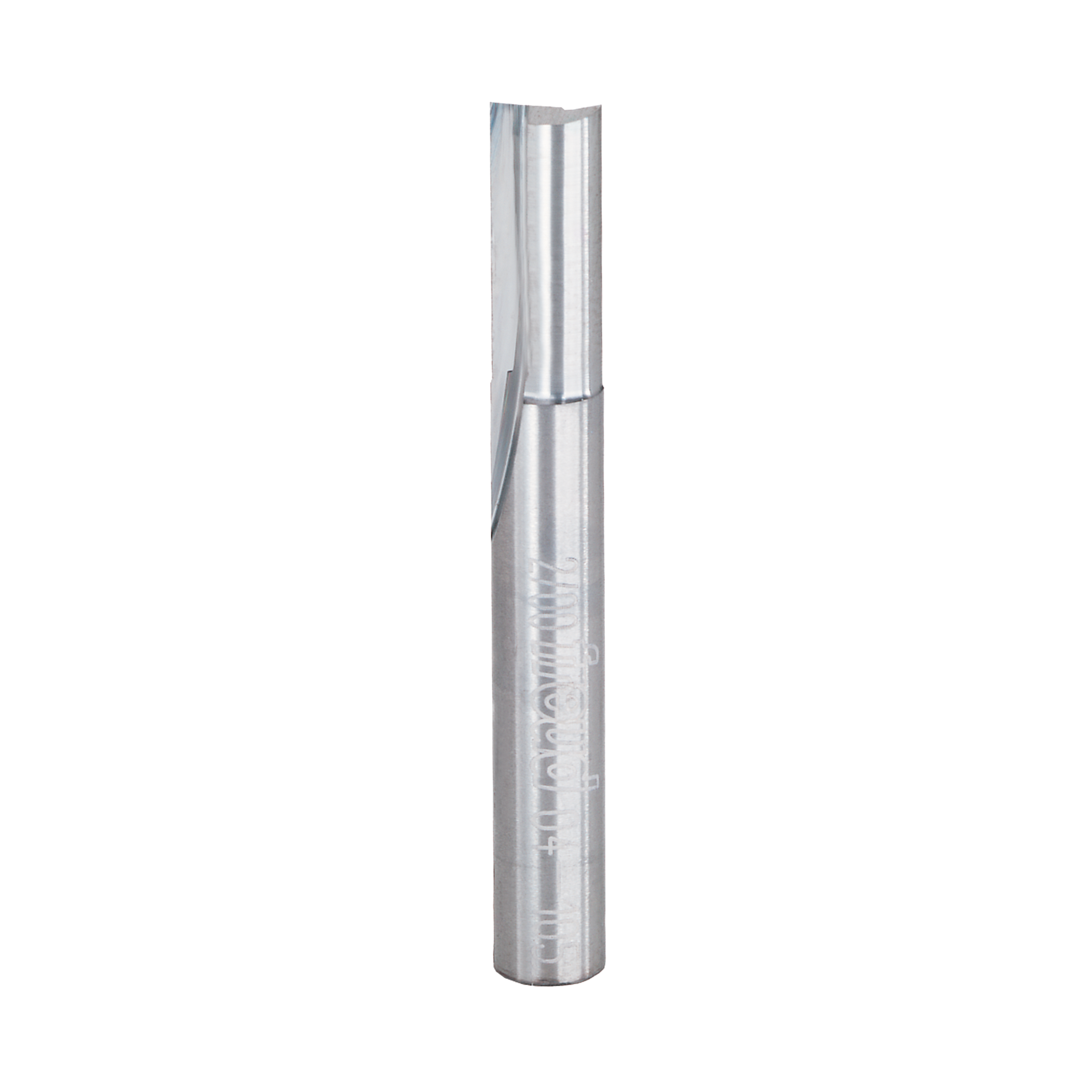 Silver router bit with two flutes and straight cutting edges, 1/4 inch diameter.