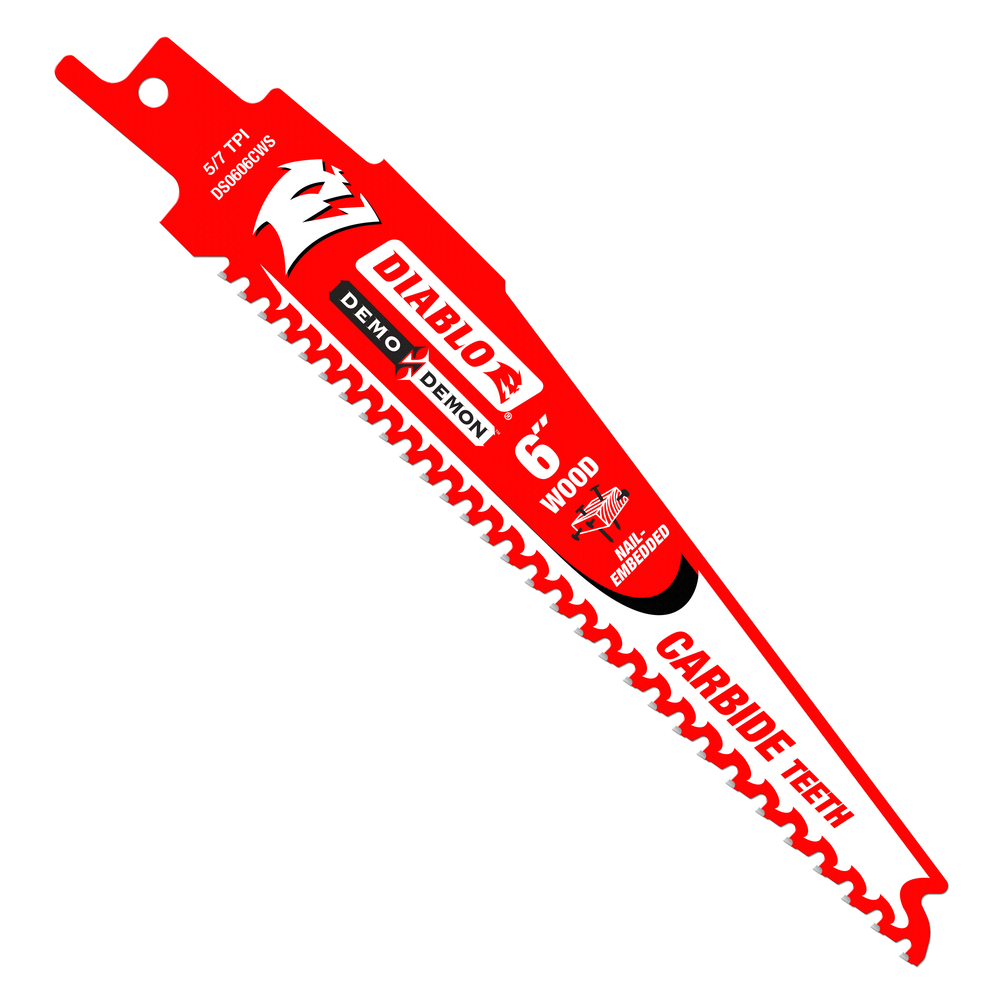 Red reciprocating saw blade with carbide teeth and mounting hole, labeled "Diablo Demo Demon" for wood cutting.