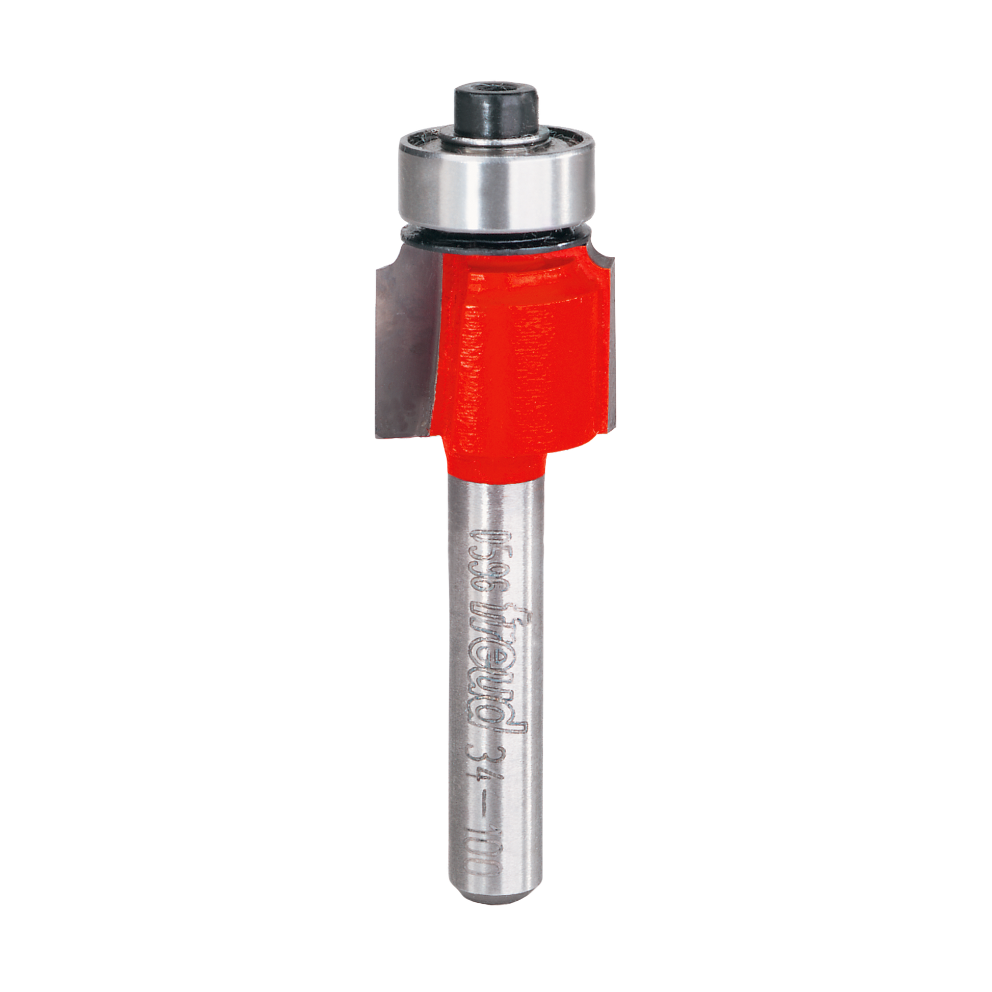 Freud rounding over router bit with red cutting head, metal shank, and bearing guide on top.