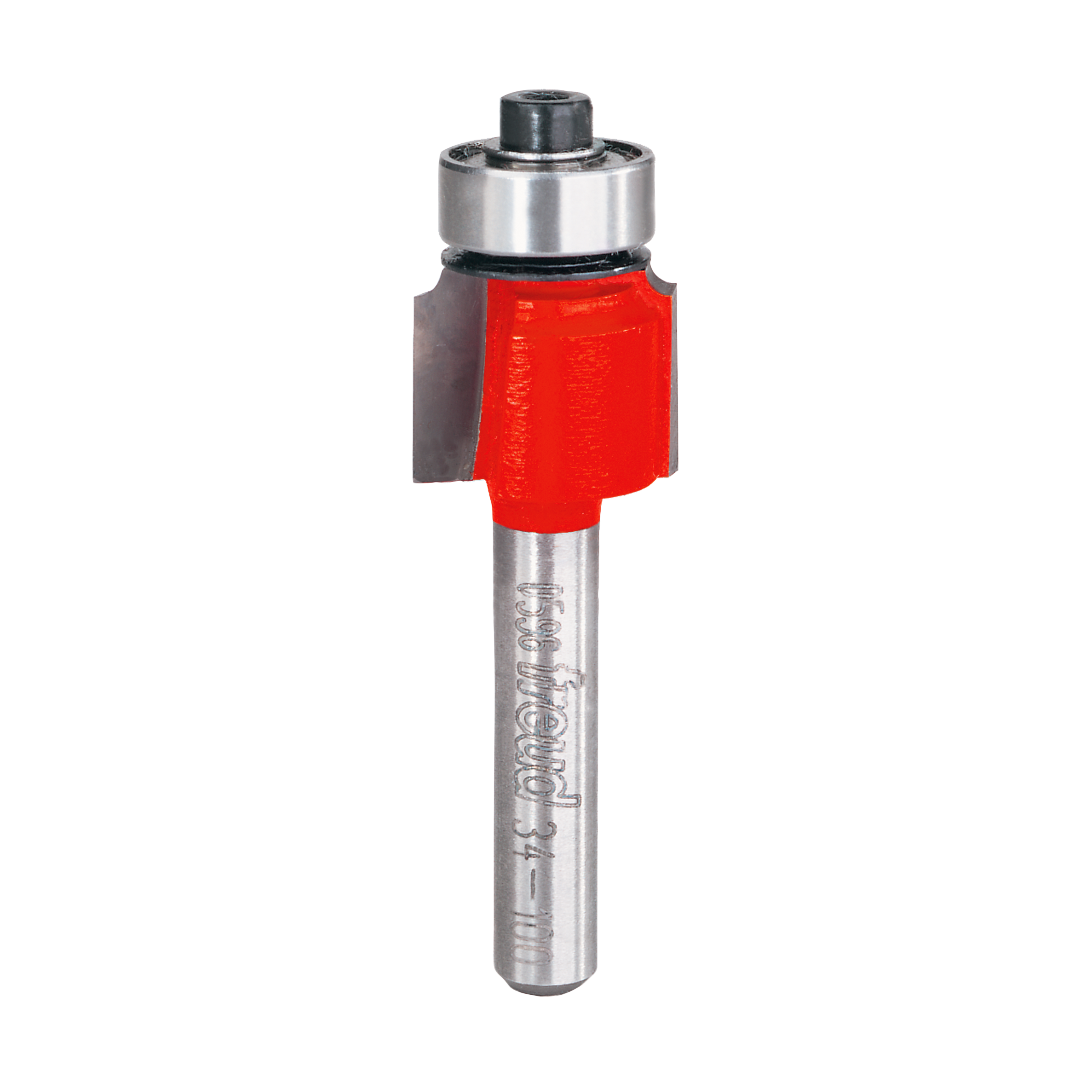 Freud rounding over router bit with red cutting head, metal shank, and bearing guide on top.